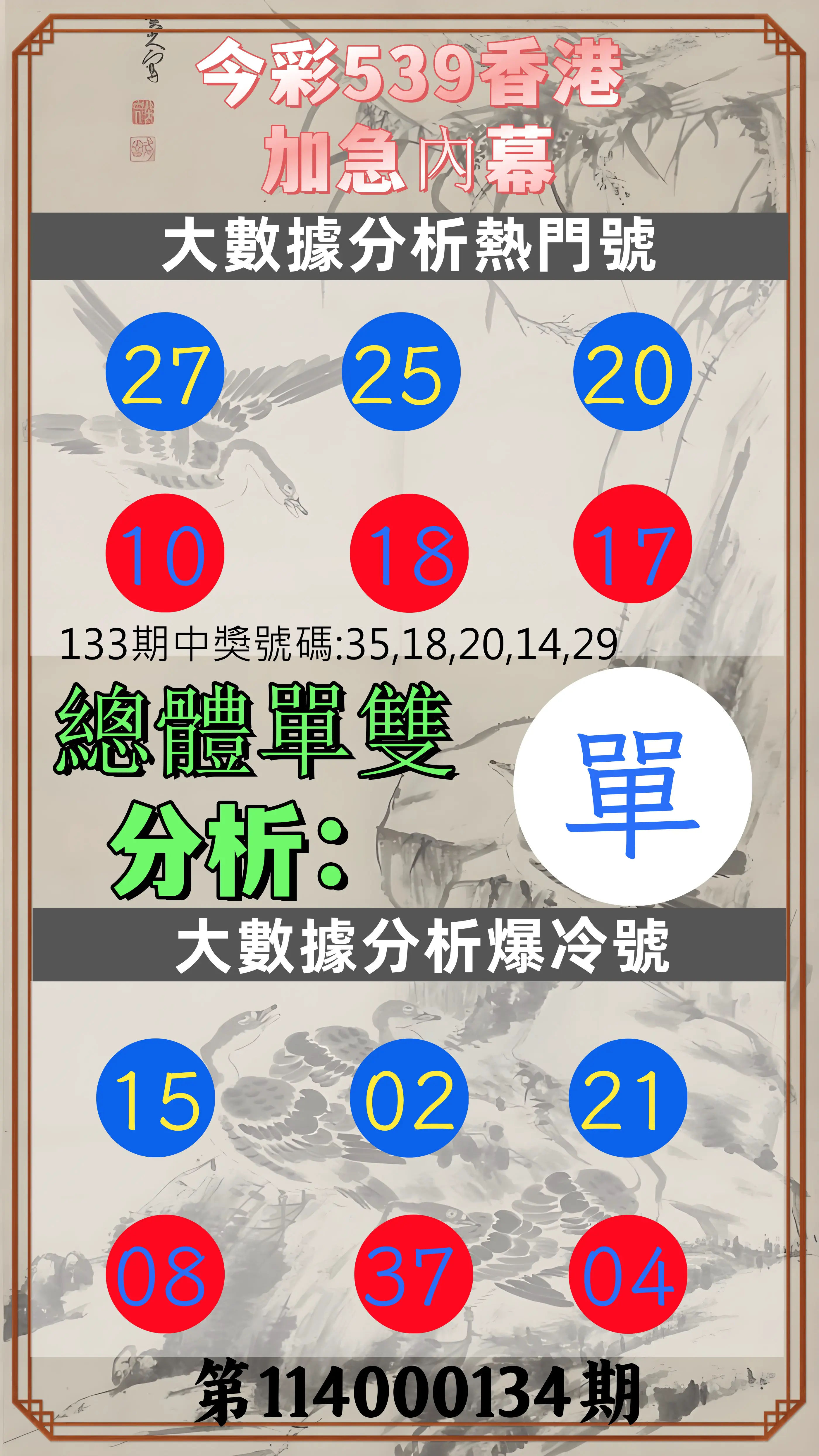 今彩539第114000134期今彩539香港加急內幕