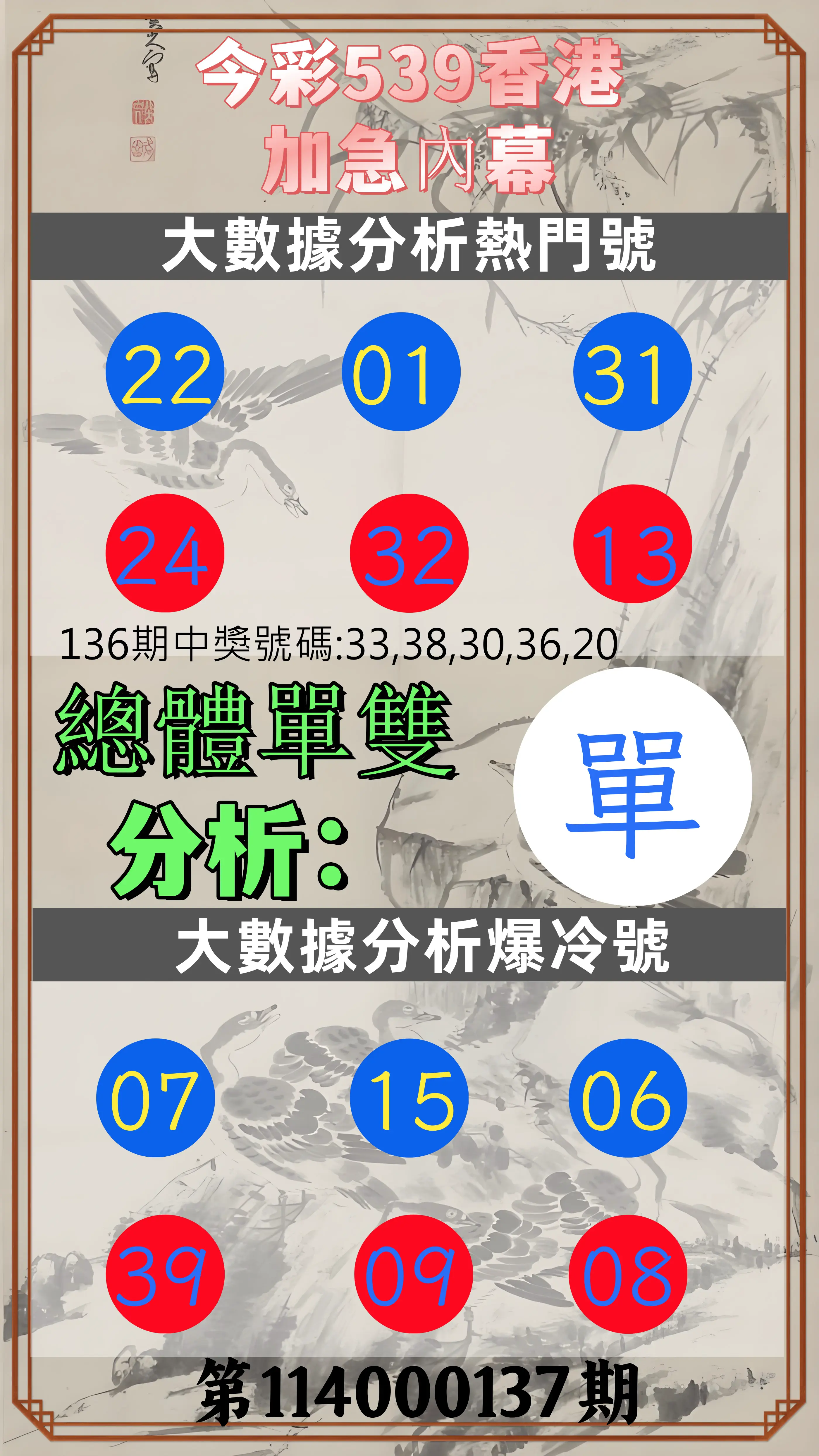 今彩539第114000137期今彩539香港加急內幕