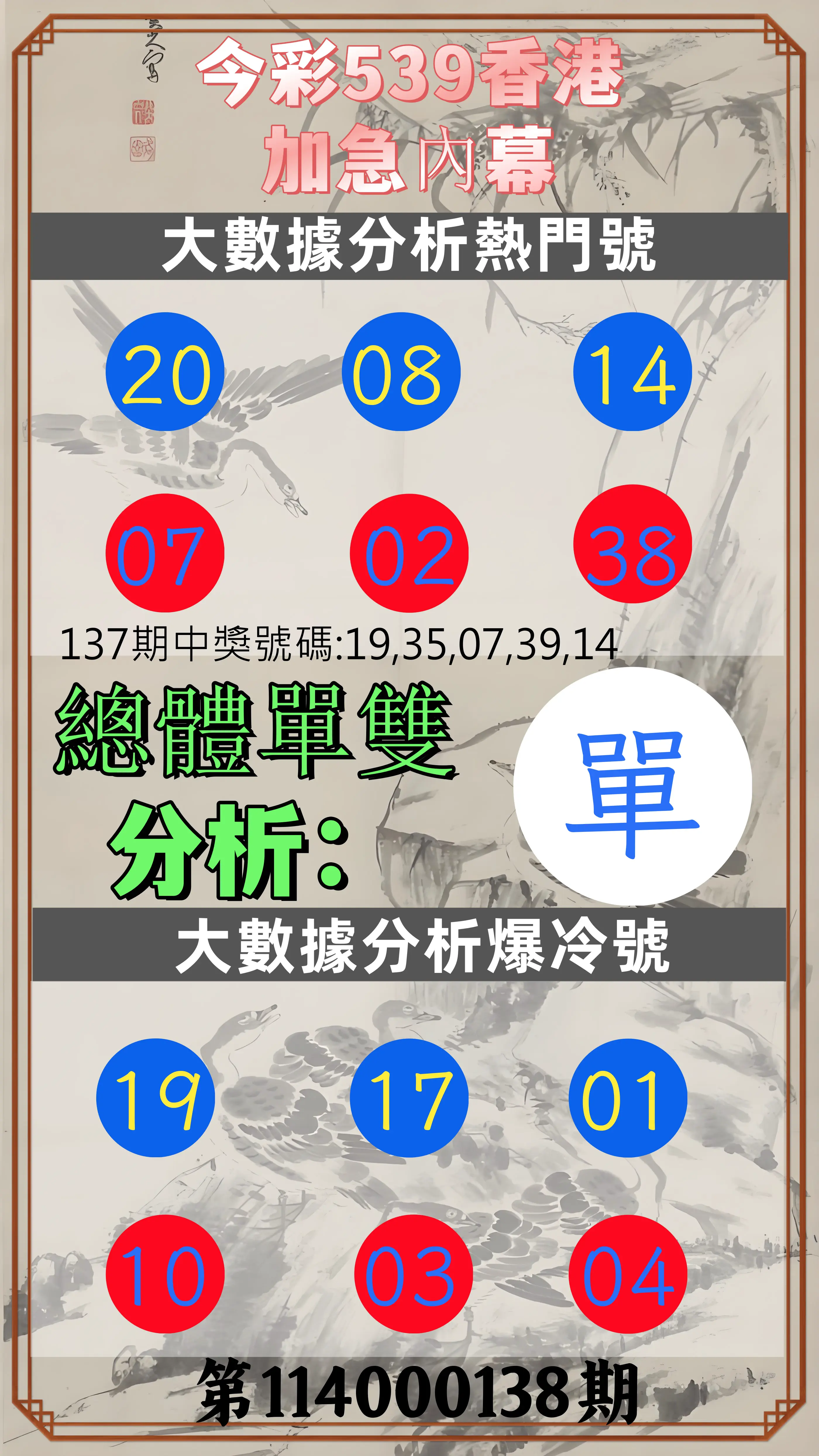 今彩539第114000138期今彩539香港加急內幕