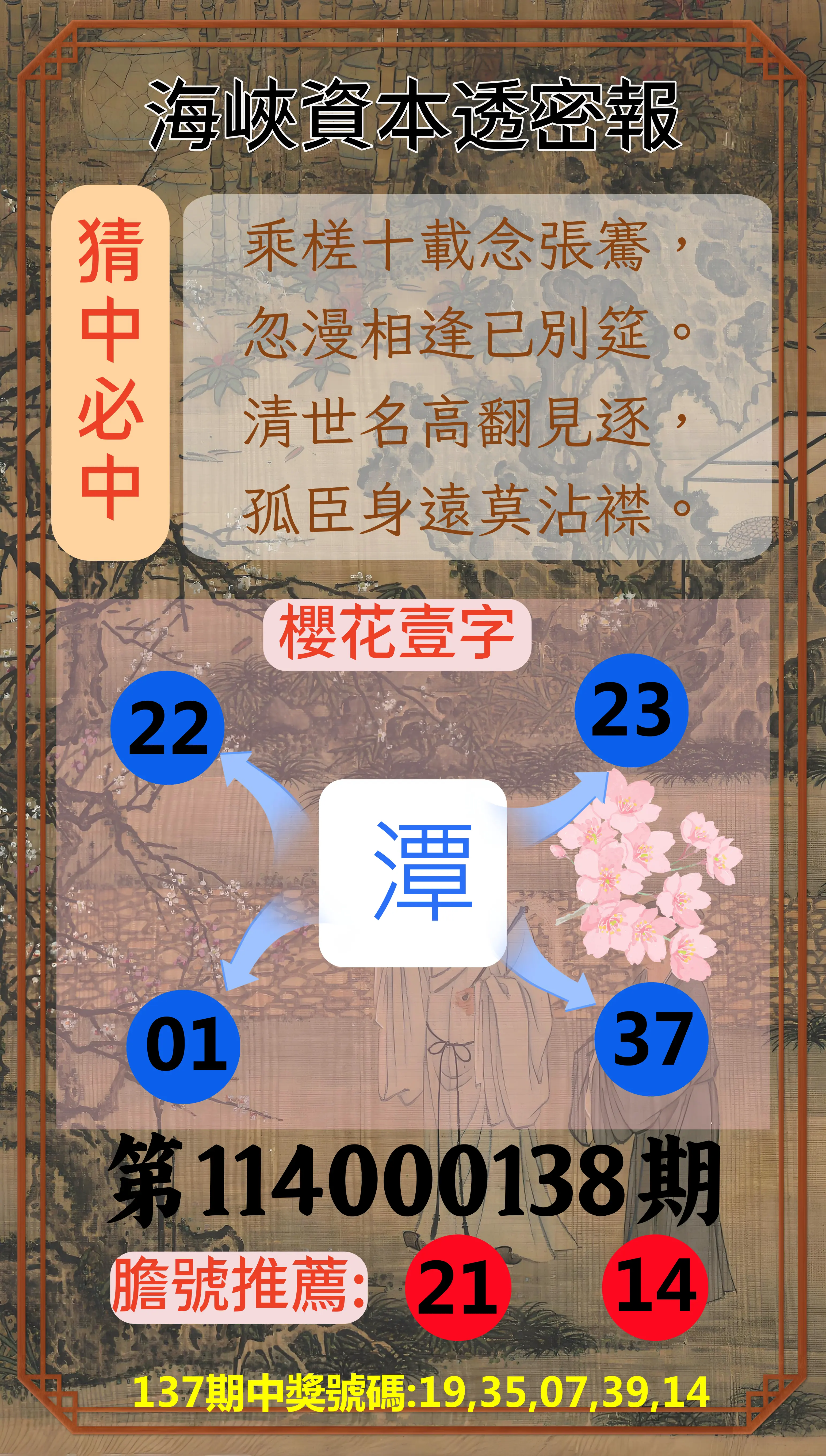 今彩539第114000138期海峽資本透密報