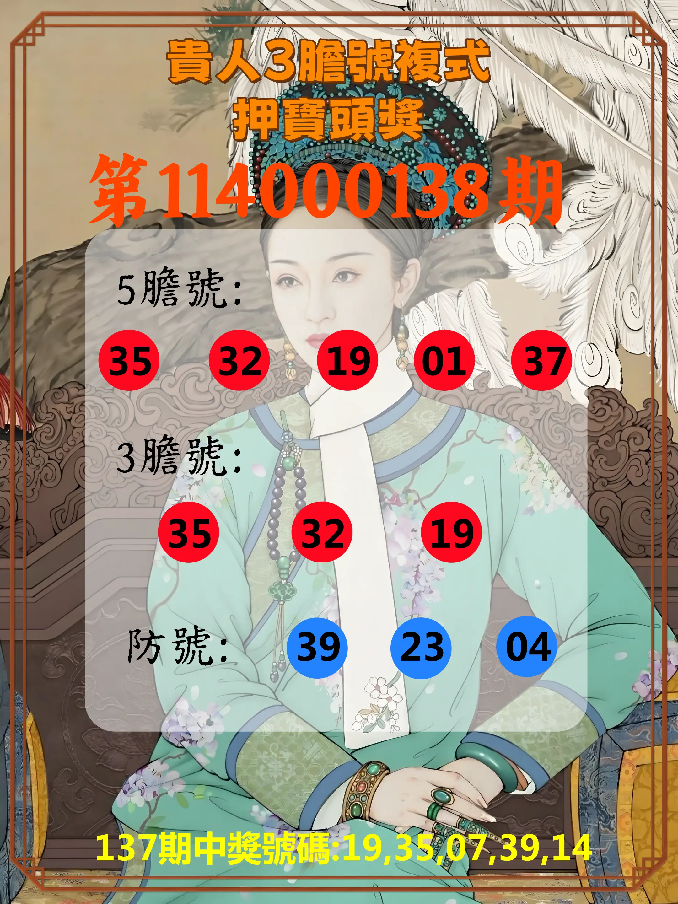 今彩539第114000138期貴人3膽號複式押寶頭獎