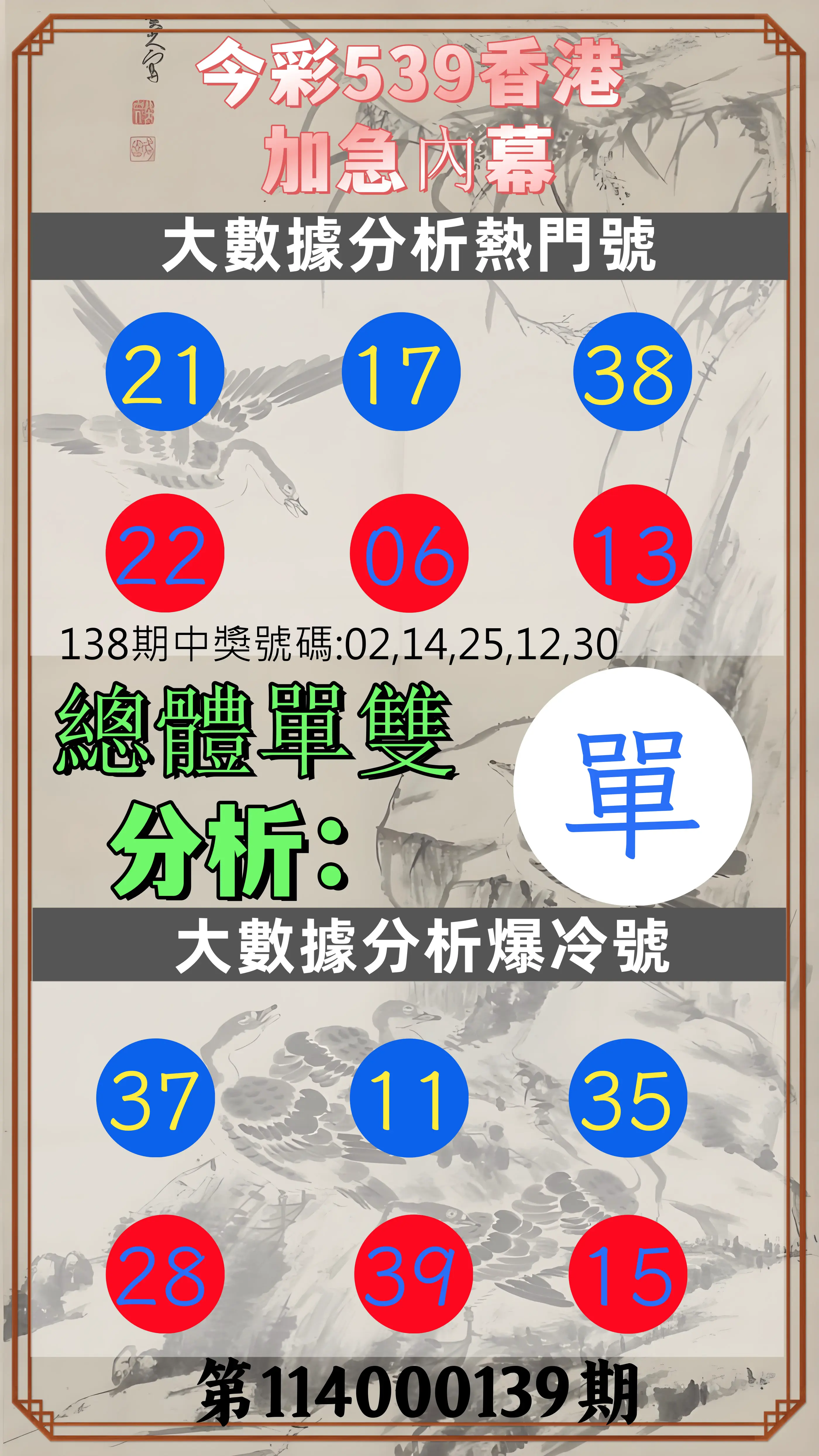 今彩539第114000139期今彩539香港加急內幕