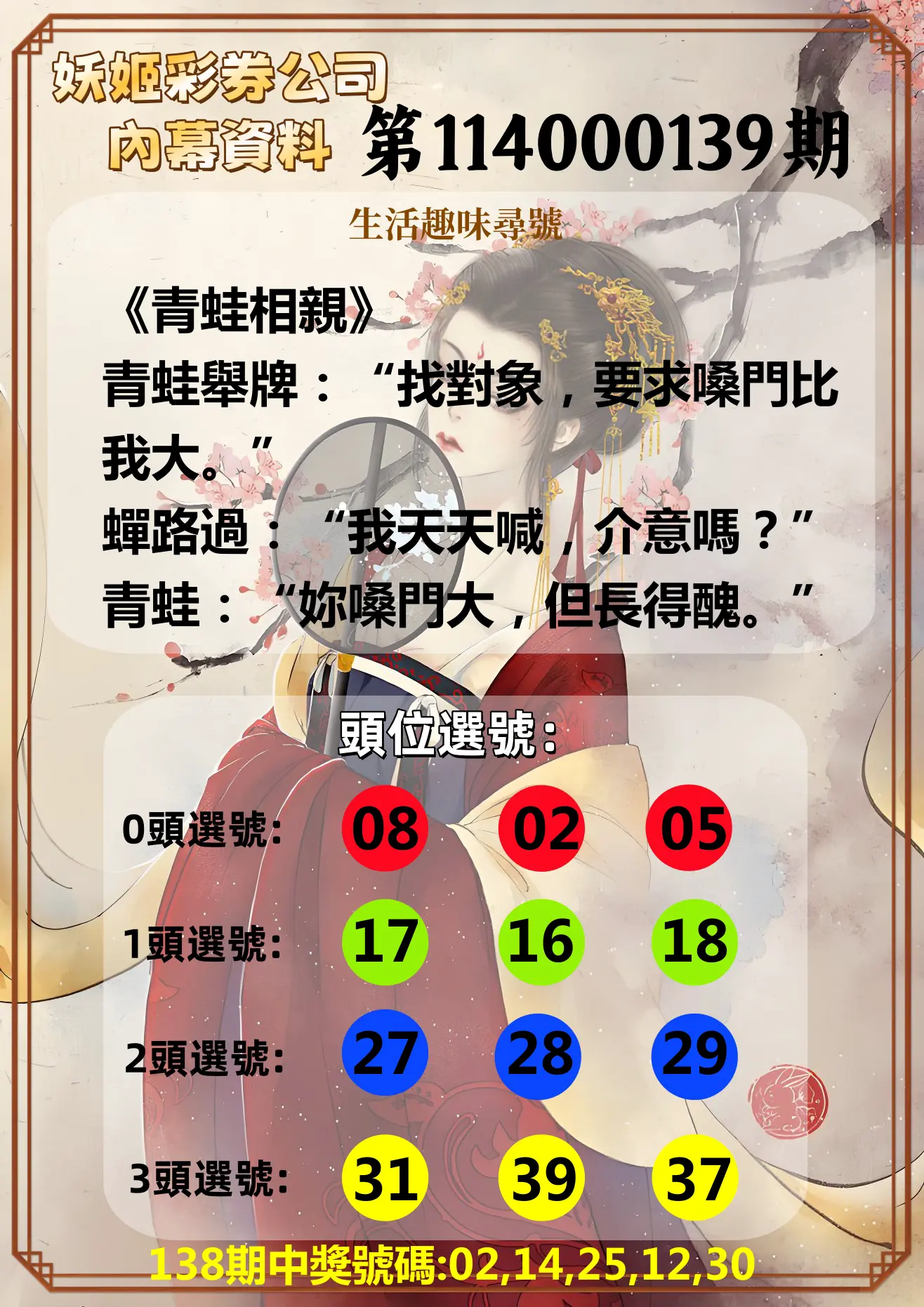 今彩539第114000139期妖姬彩券公司內幕資料