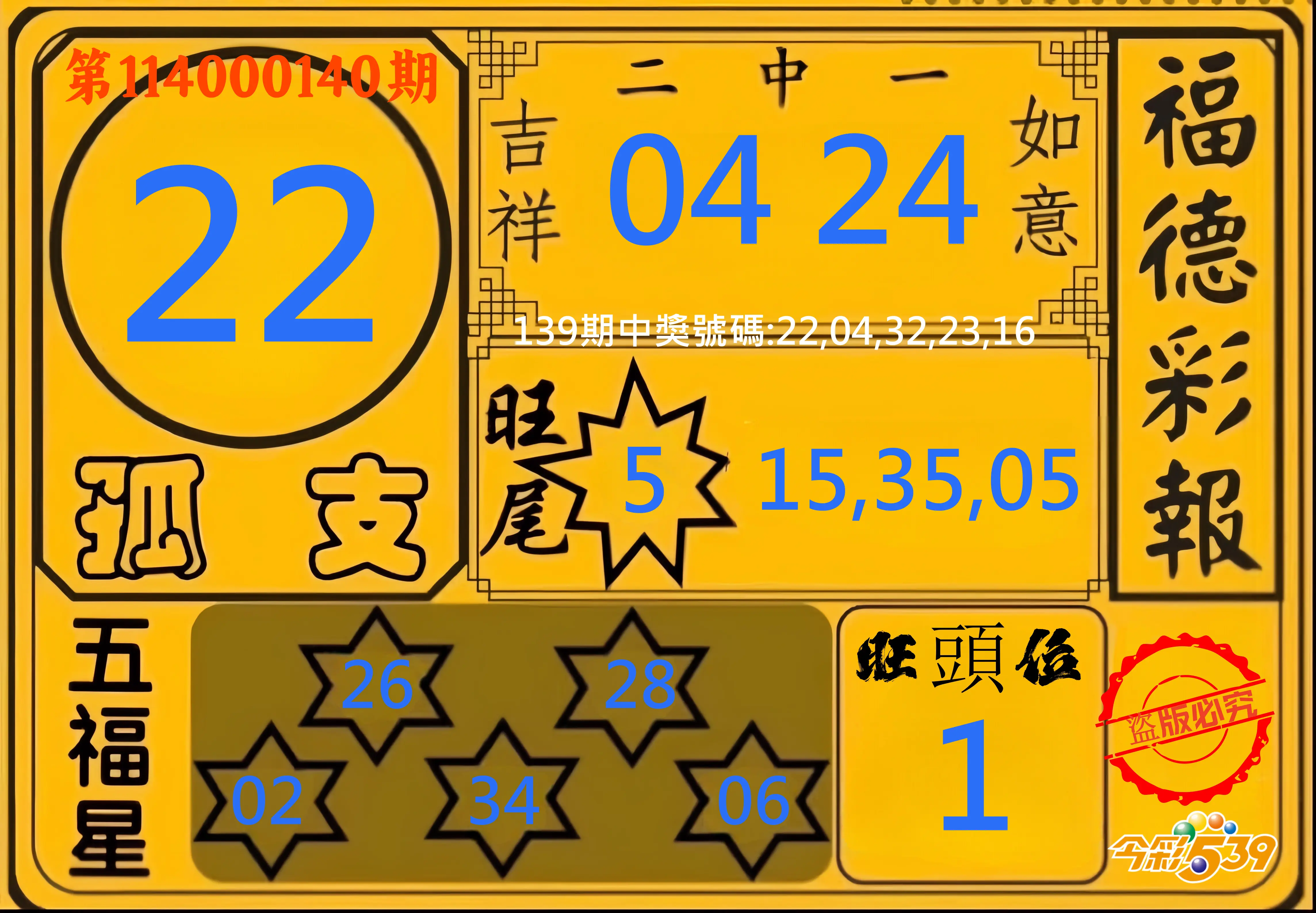 今彩539第114000140期今彩539德福彩報牌預測