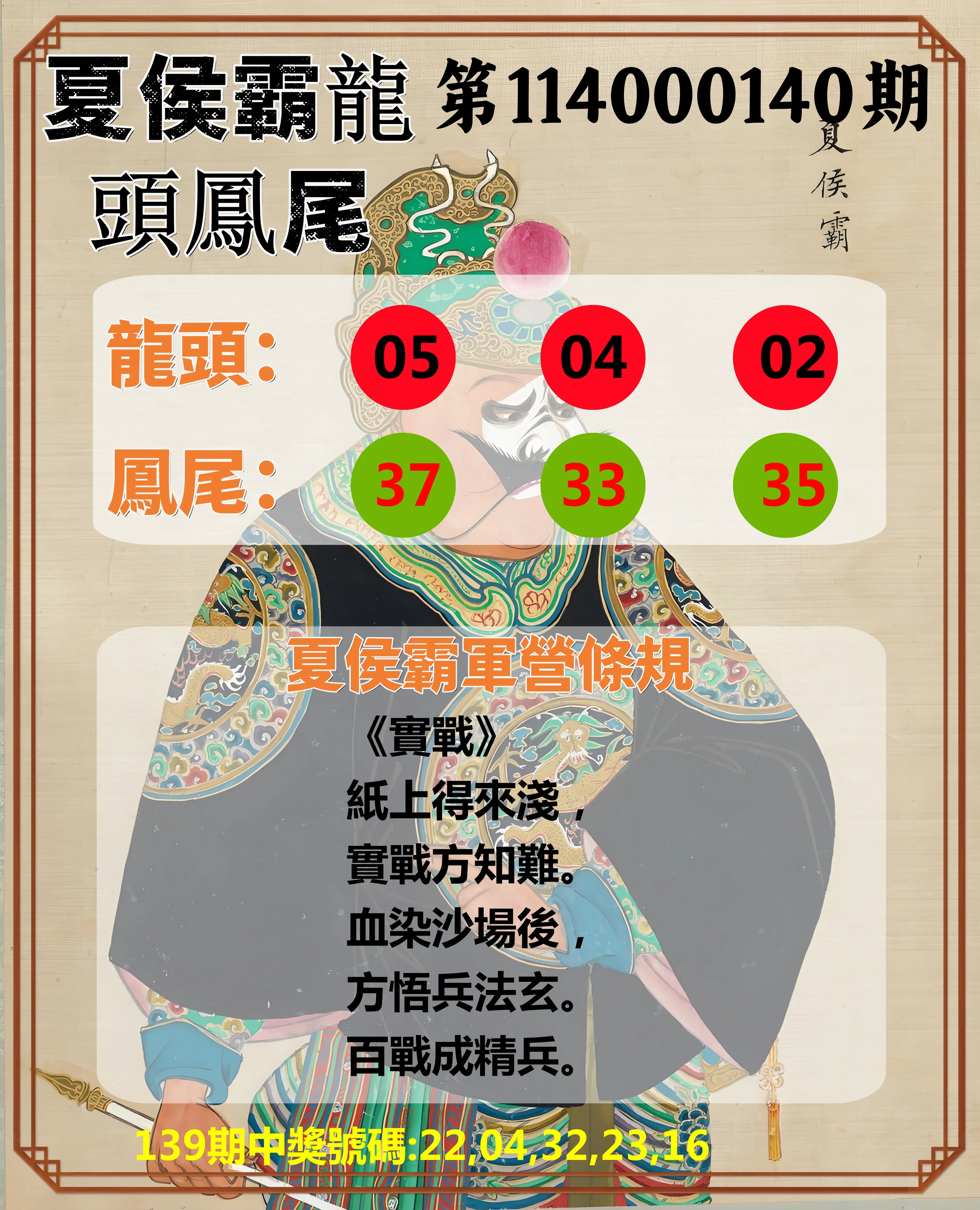 今彩539第114000140期夏侯霸龍頭鳳尾