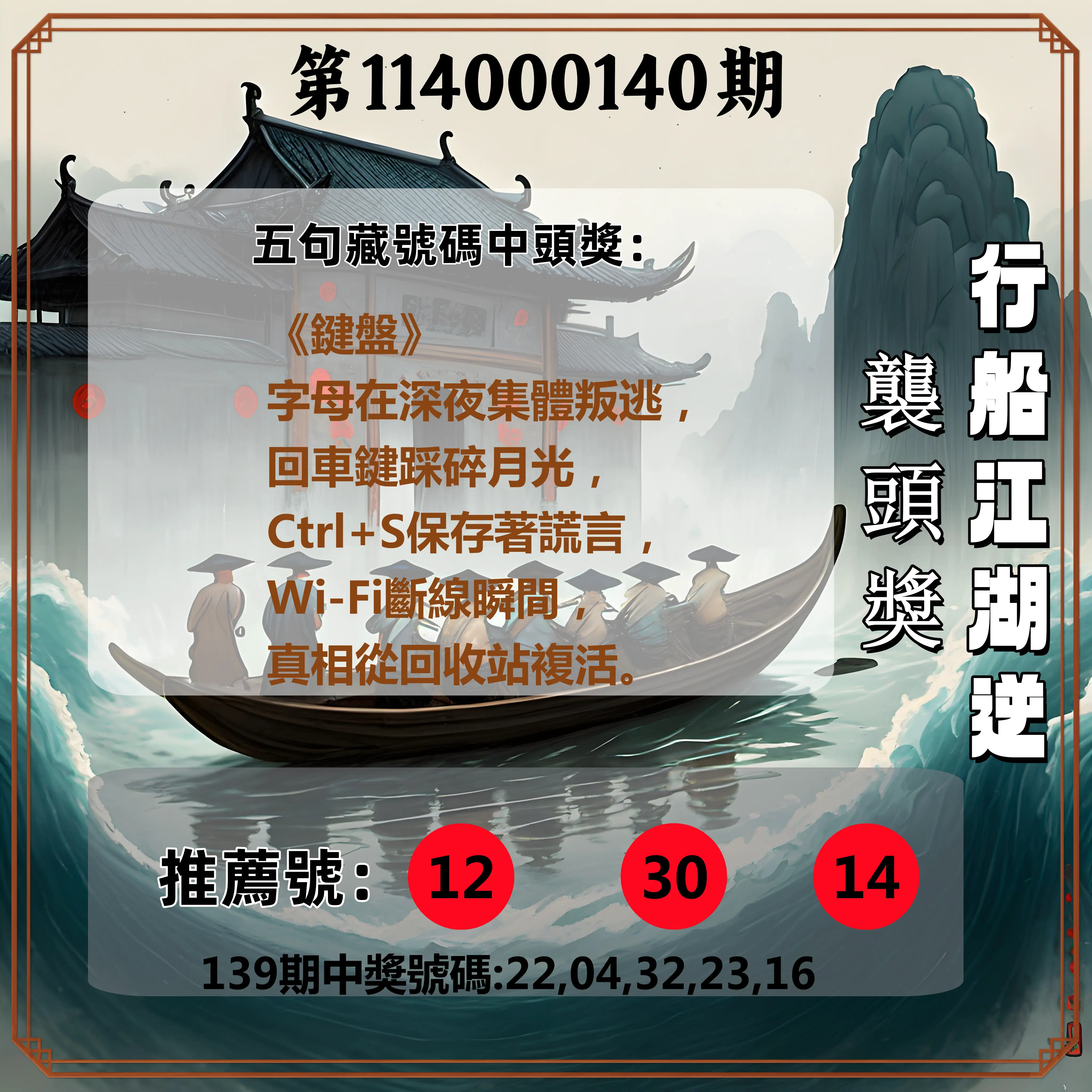 今彩539第114000140期行船江湖逆襲頭獎