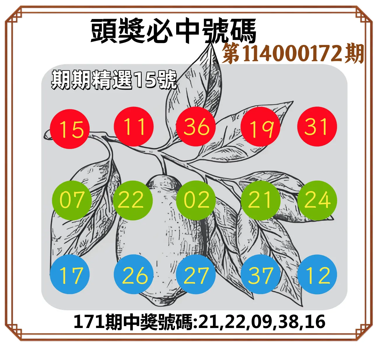 今彩539第114000172期(07/16)頭獎號碼