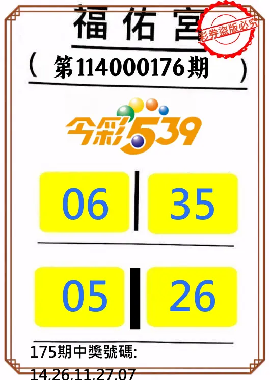 今彩539第114000176期(07/21)正版今彩539福佑宮牌號