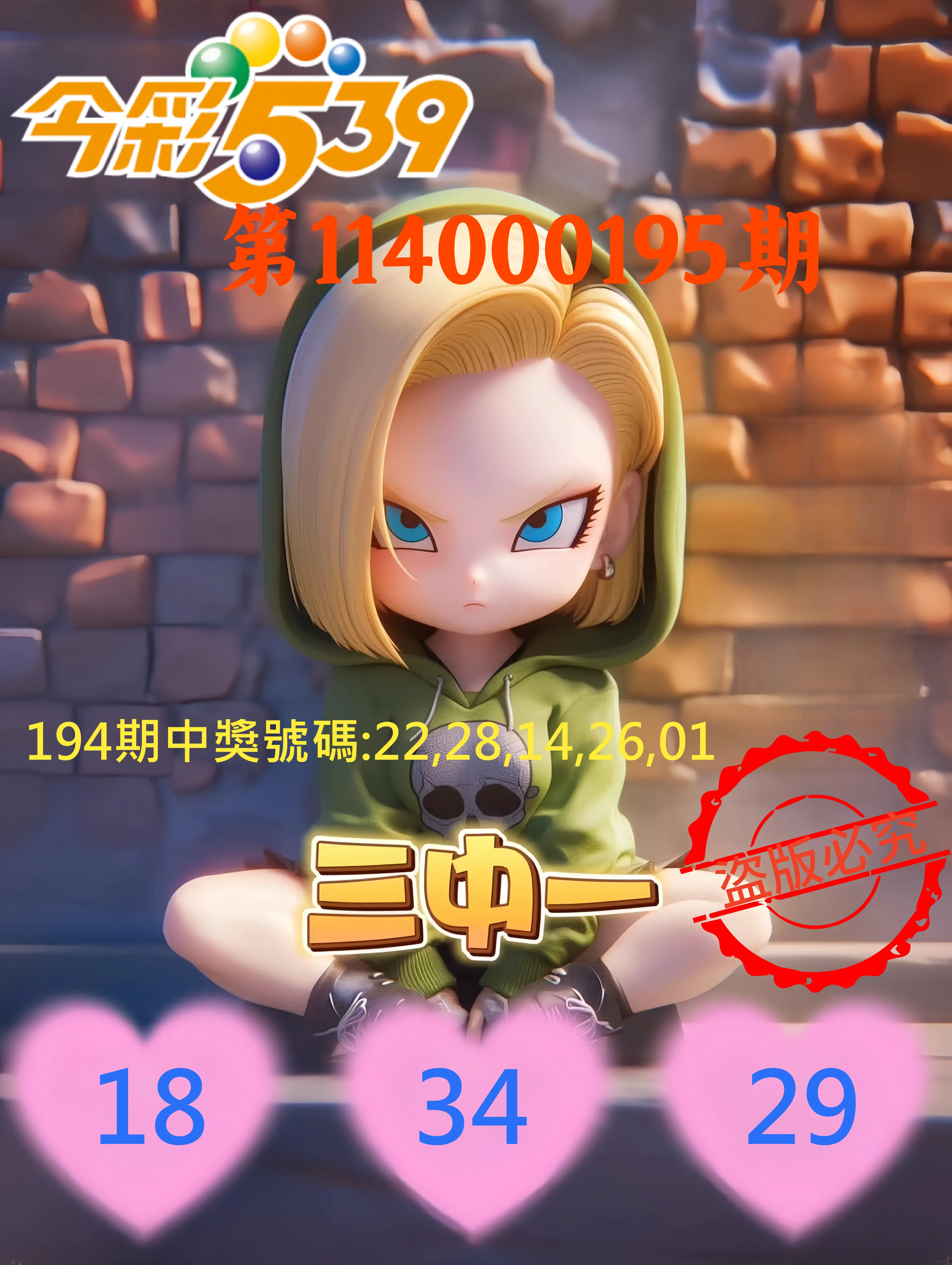 今彩539第114000195期(08/12)今彩539孫恩淑三中壹牌號
