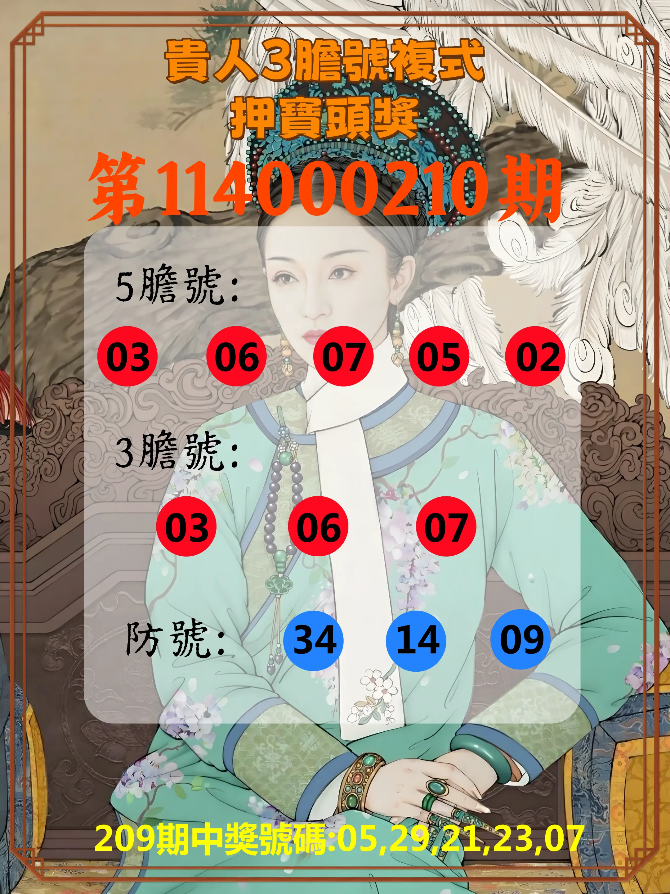 今彩539第114000210期(08/29)貴人3膽號複式押寶頭獎
