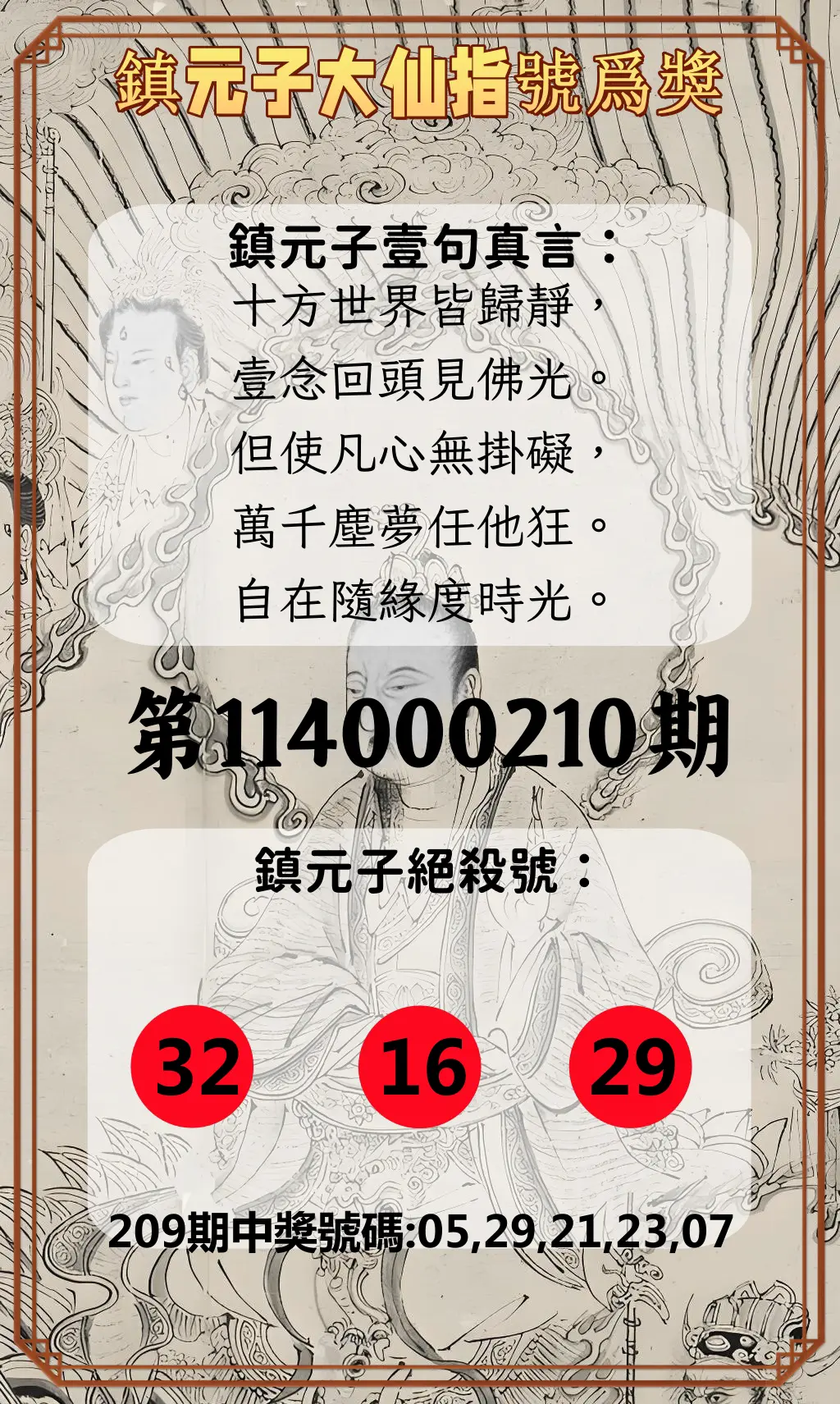 今彩539第114000210期(08/29)鎮元子大仙指號爲獎
