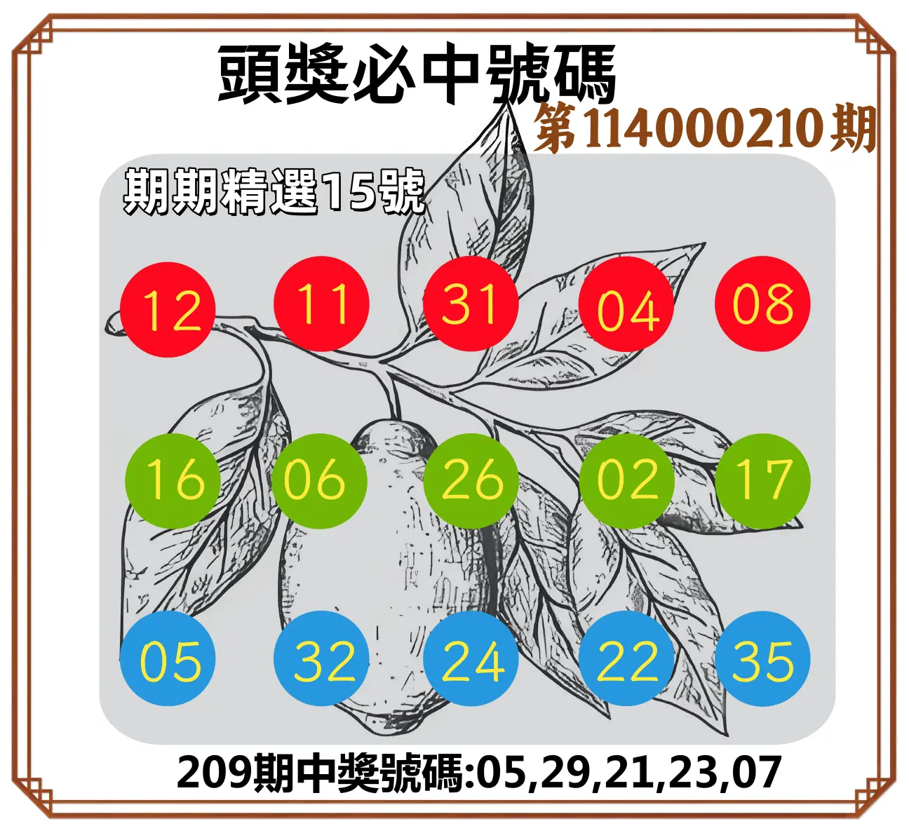 今彩539第114000210期(08/29)頭獎號碼