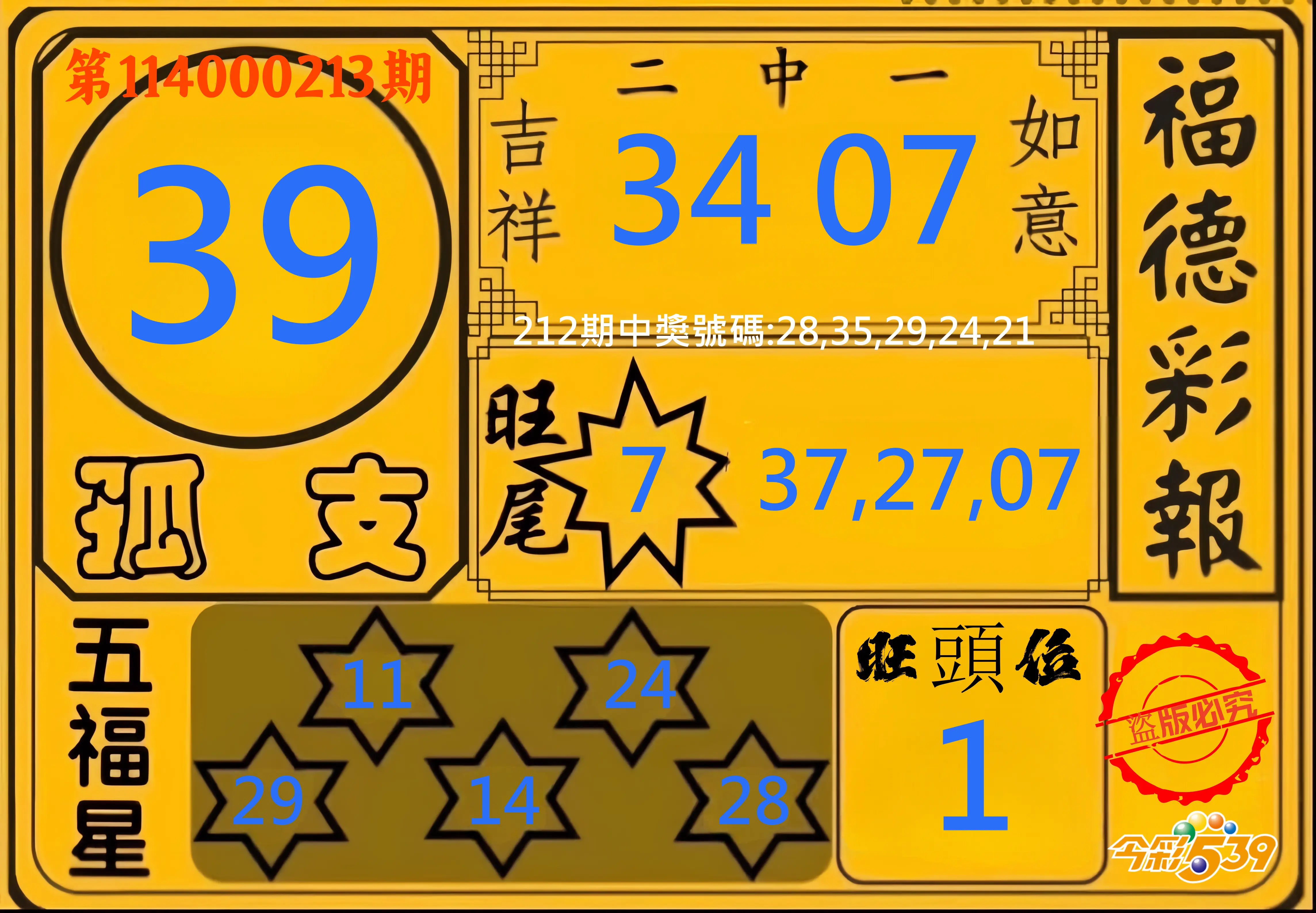今彩539第114000213期(09/02)今彩539德福彩報牌預測