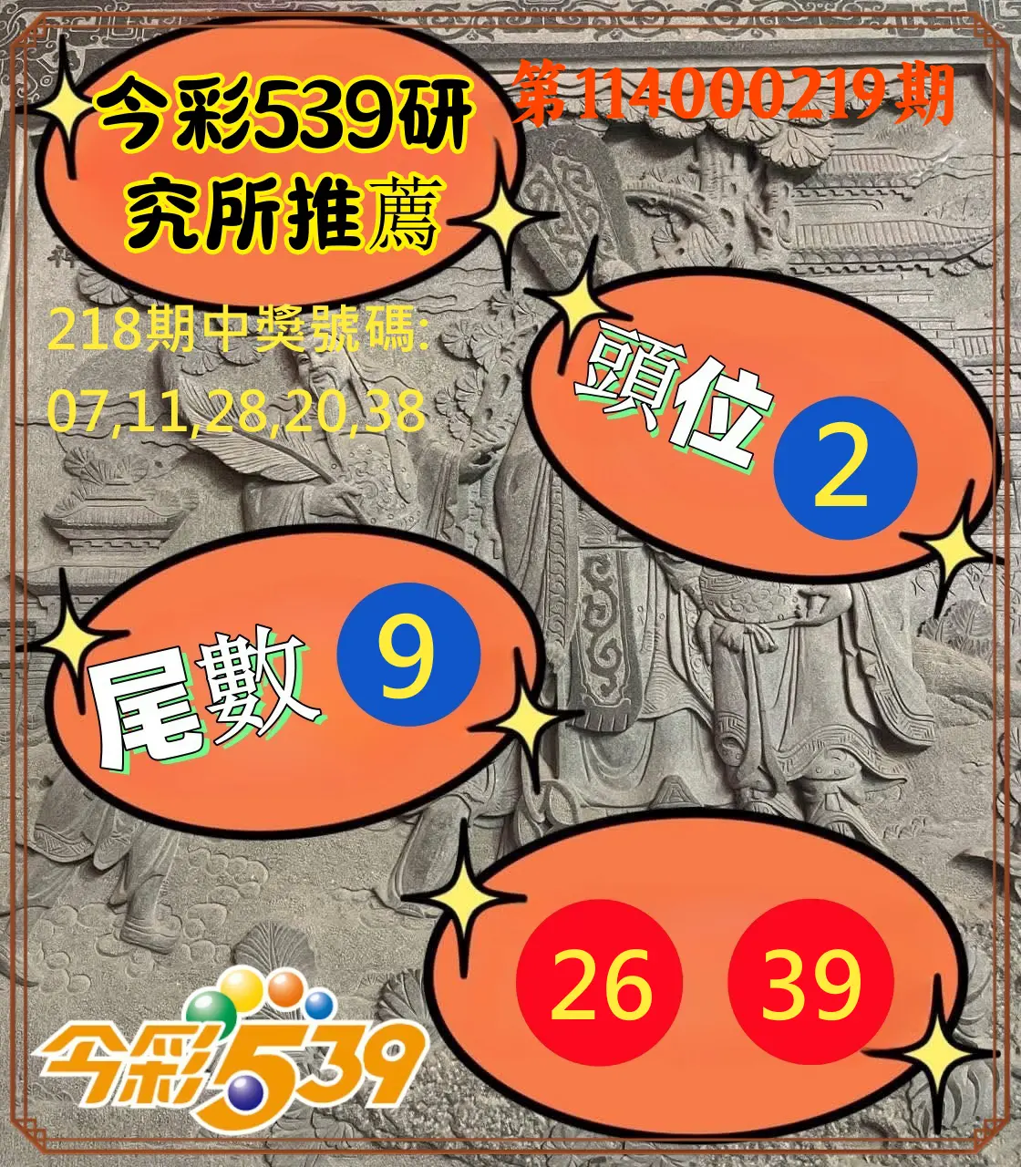 今彩539第114000219期(09/09)今彩539研究所推薦
