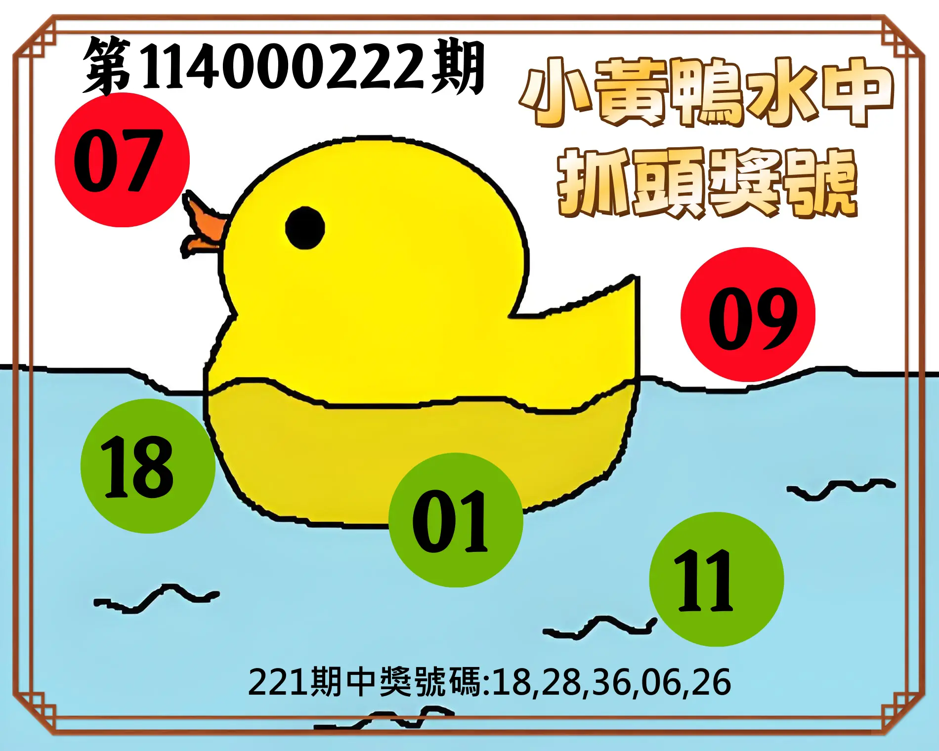 今彩539第114000222期(09/12)小黃鴨水中抓頭獎號