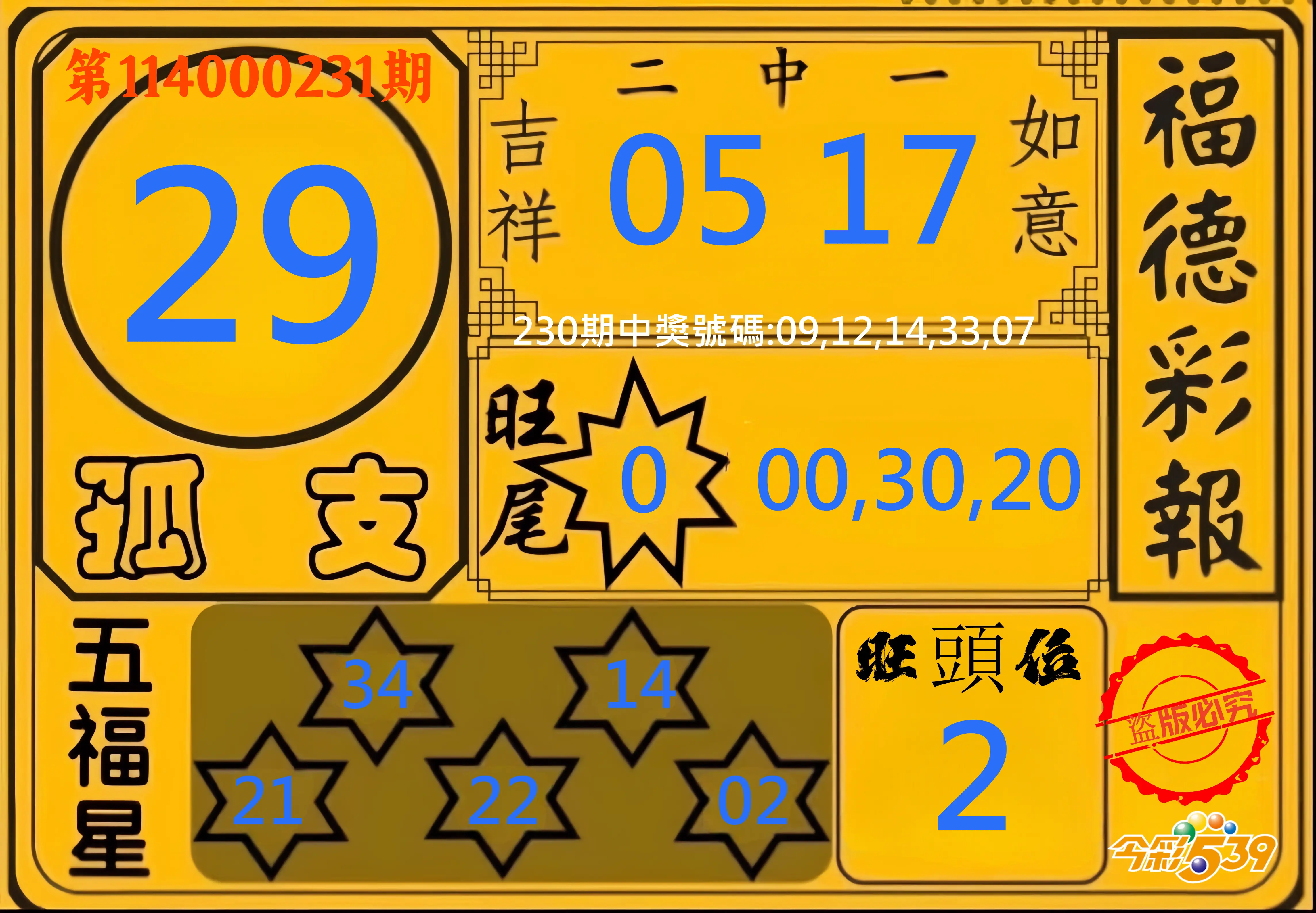 今彩539第114000231期(09/23)今彩539德福彩報牌預測