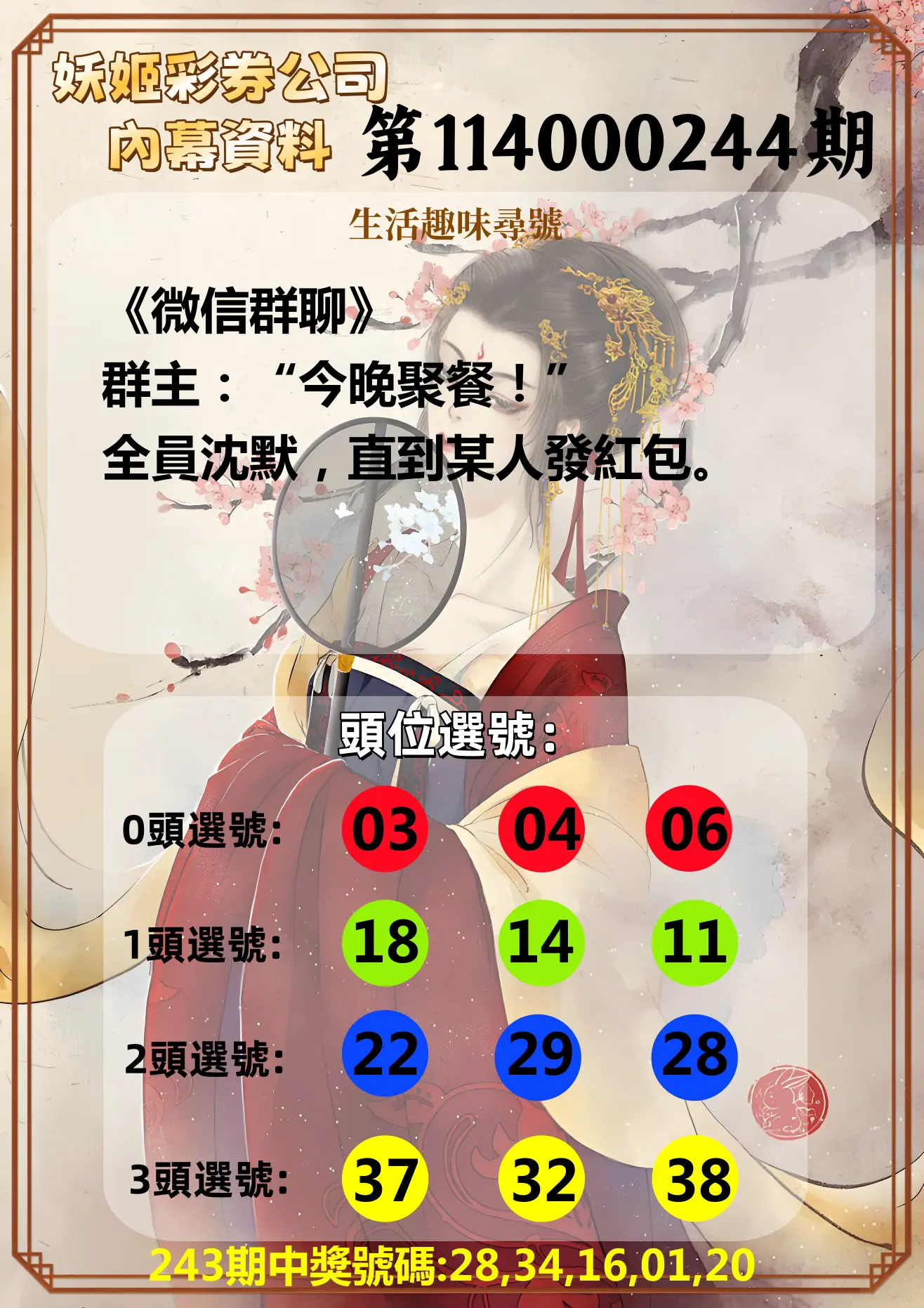 今彩539第114000244期(10/08)妖姬彩券公司內幕資料