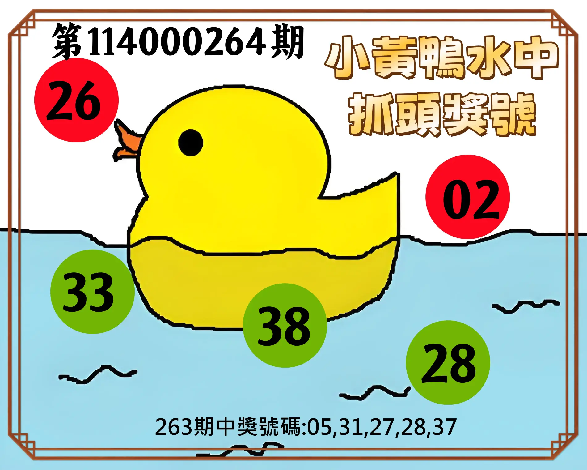 今彩539第114000264期(10/31)小黃鴨水中抓頭獎號