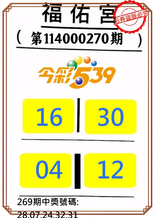 今彩539第114000270期(11/07)正版今彩539福佑宮牌號