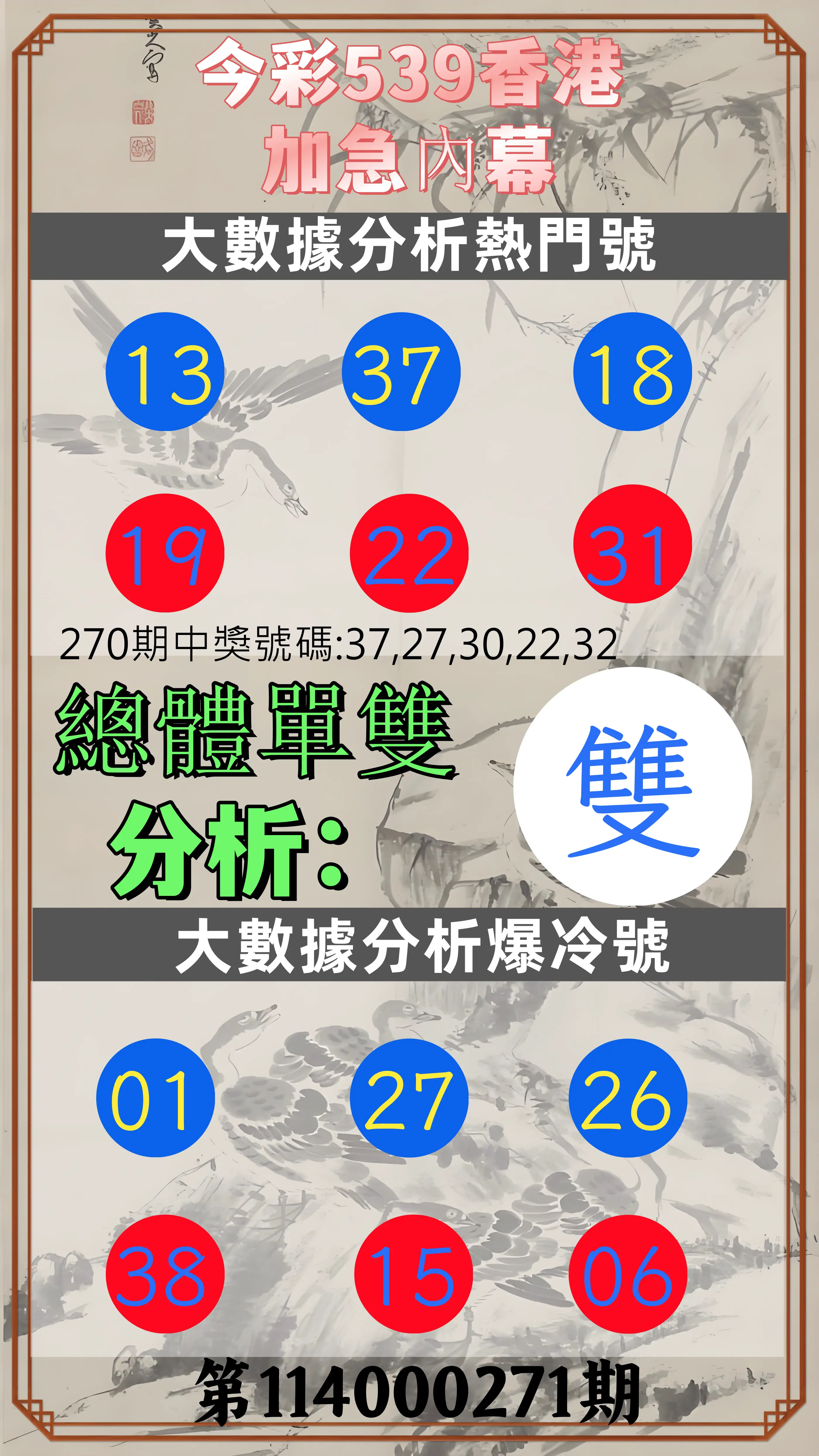 今彩539第114000271期(11/08)今彩539香港加急內幕