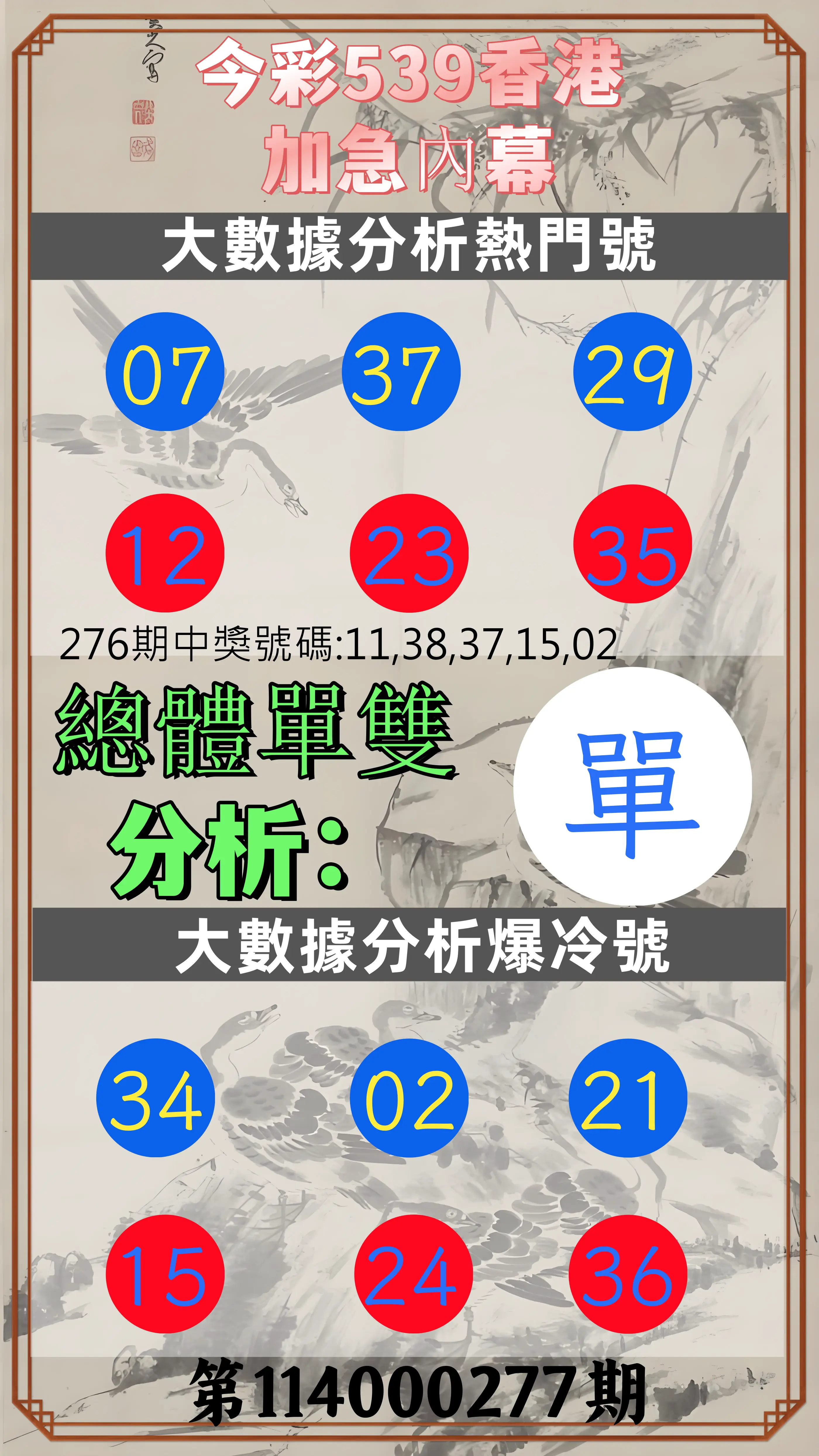 今彩539第114000277期(11/15)今彩539香港加急內幕