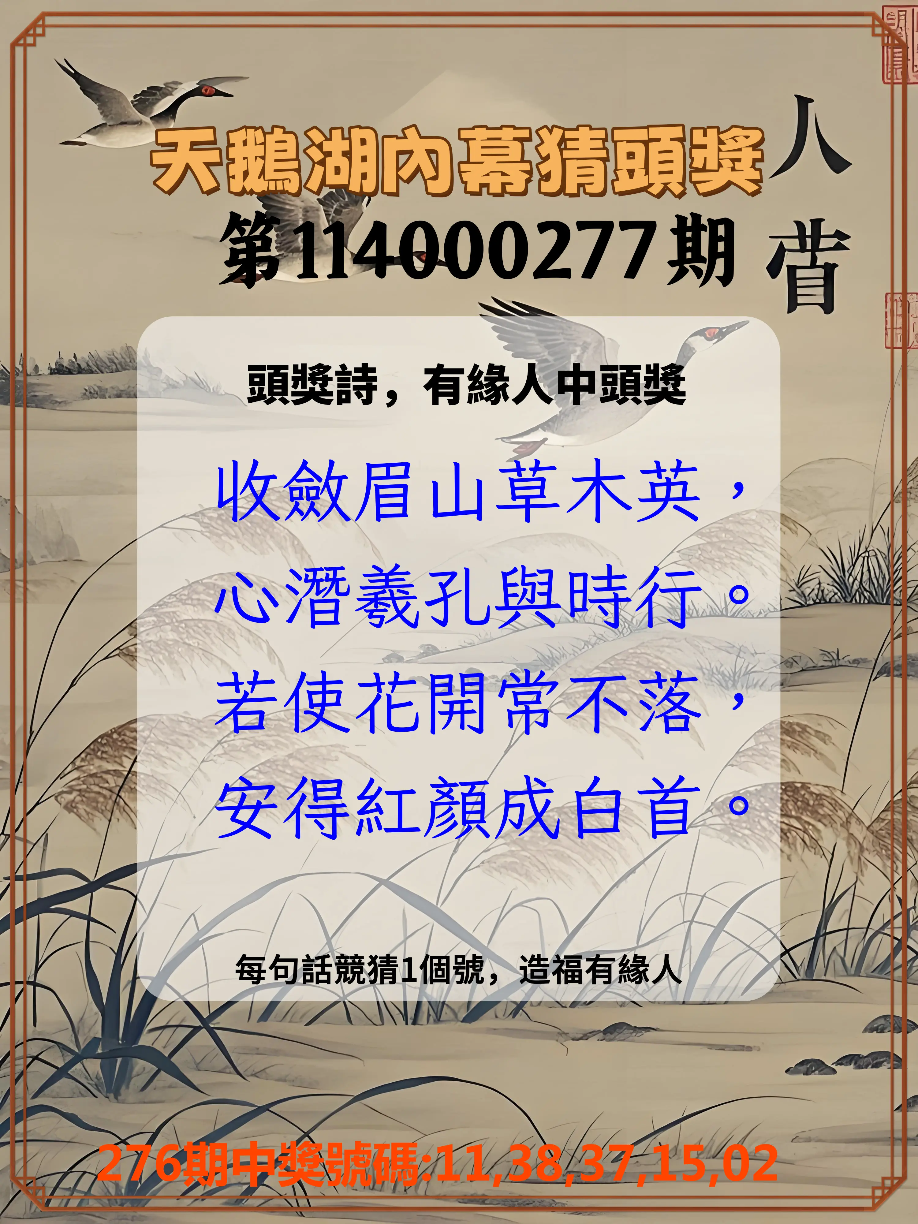 今彩539第114000277期(11/15)天鵝湖內幕猜頭獎