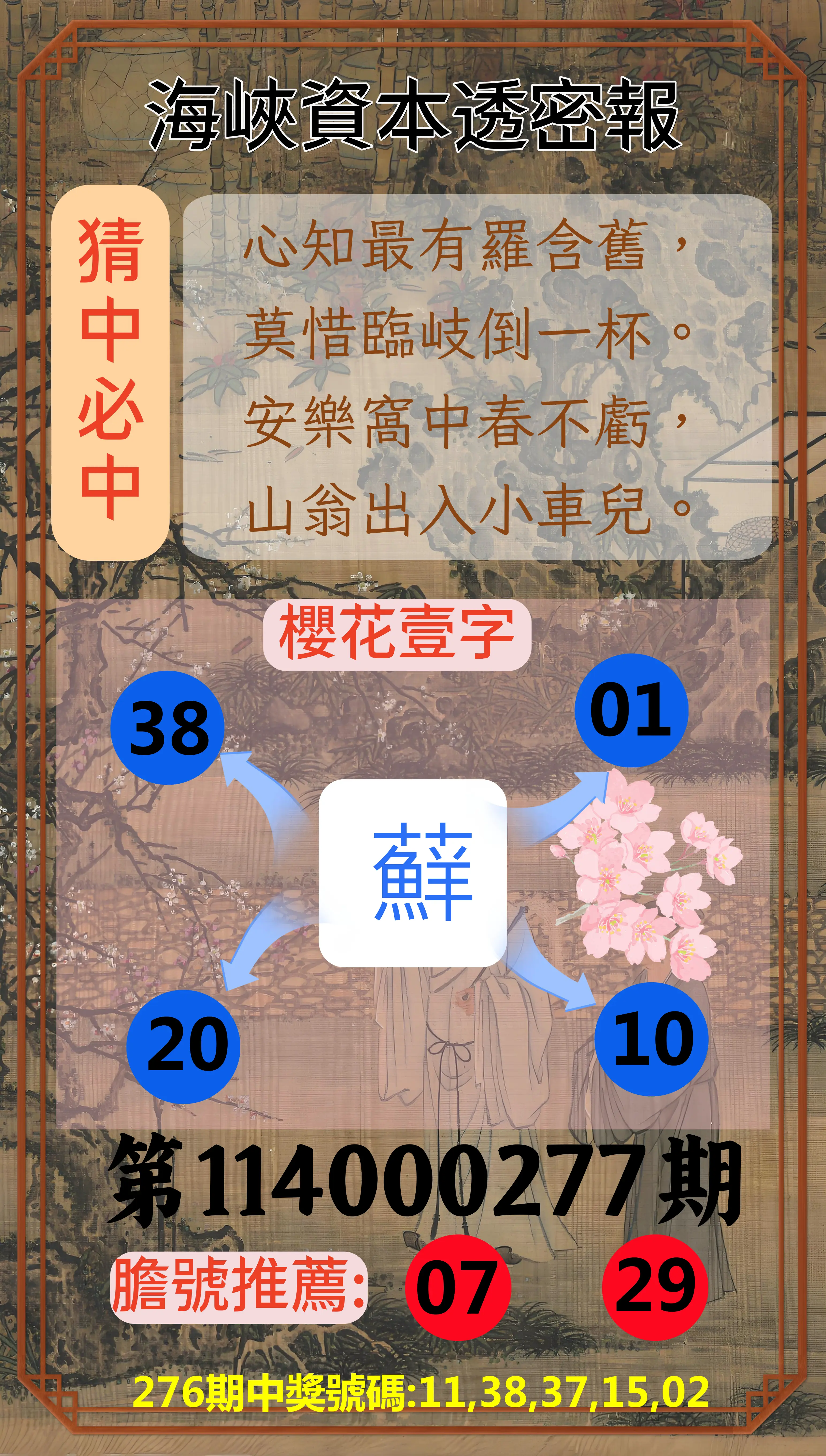 今彩539第114000277期(11/15)海峽資本透密報