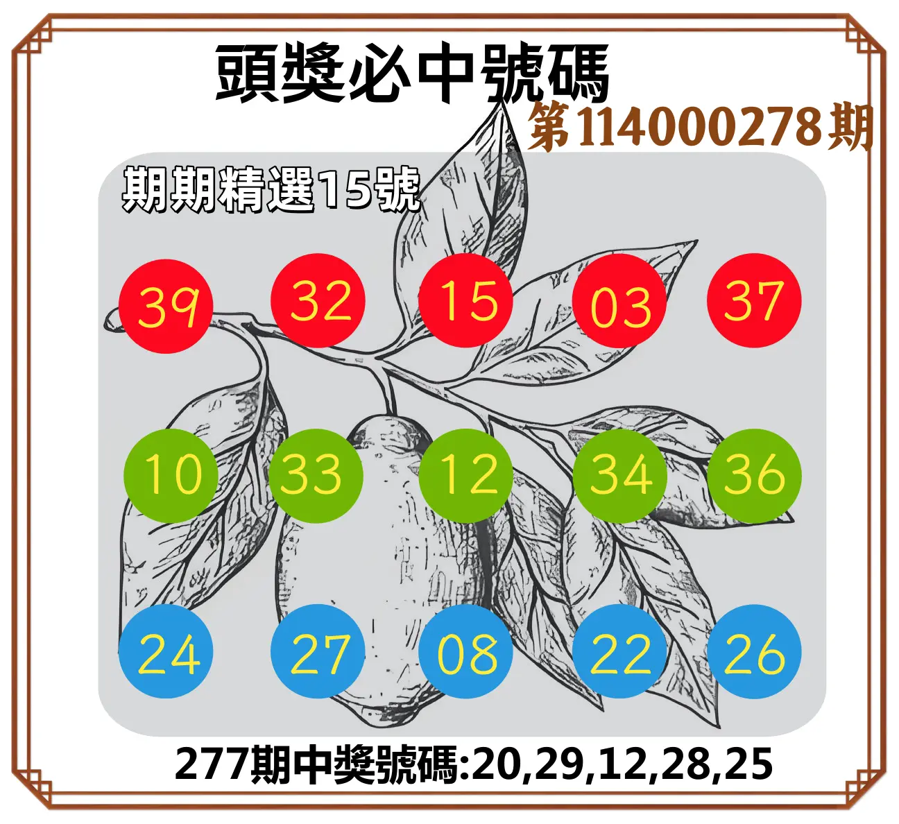 今彩539第114000278期(11/17)頭獎號碼