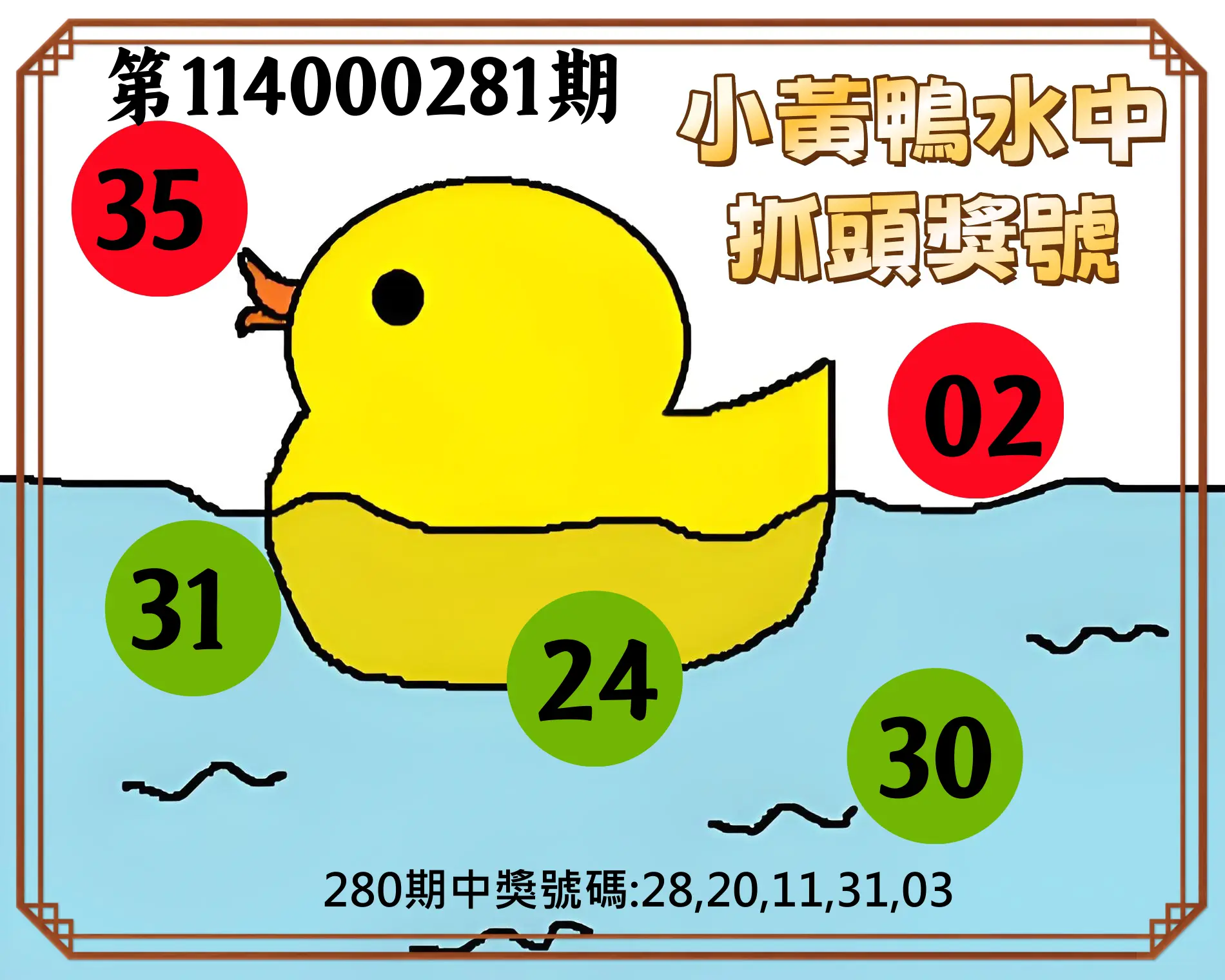 今彩539第114000281期(11/20)小黃鴨水中抓頭獎號