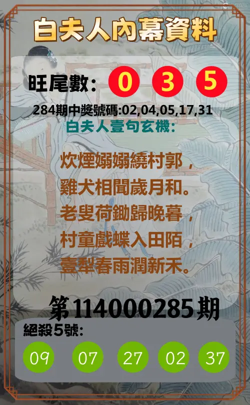 今彩539第114000285期(11/25)白夫人內幕資料