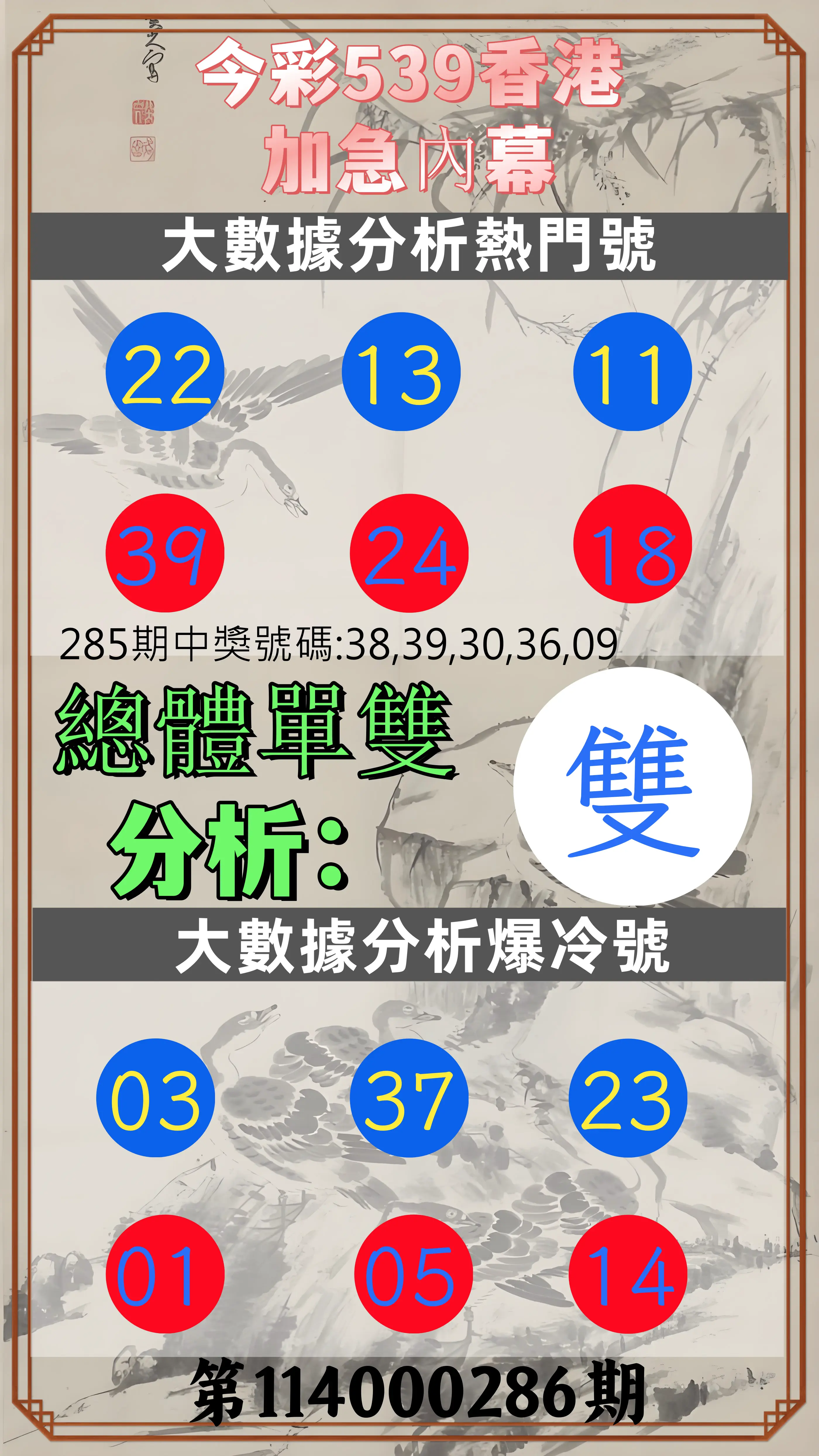 今彩539第114000286期(11/26)今彩539香港加急內幕