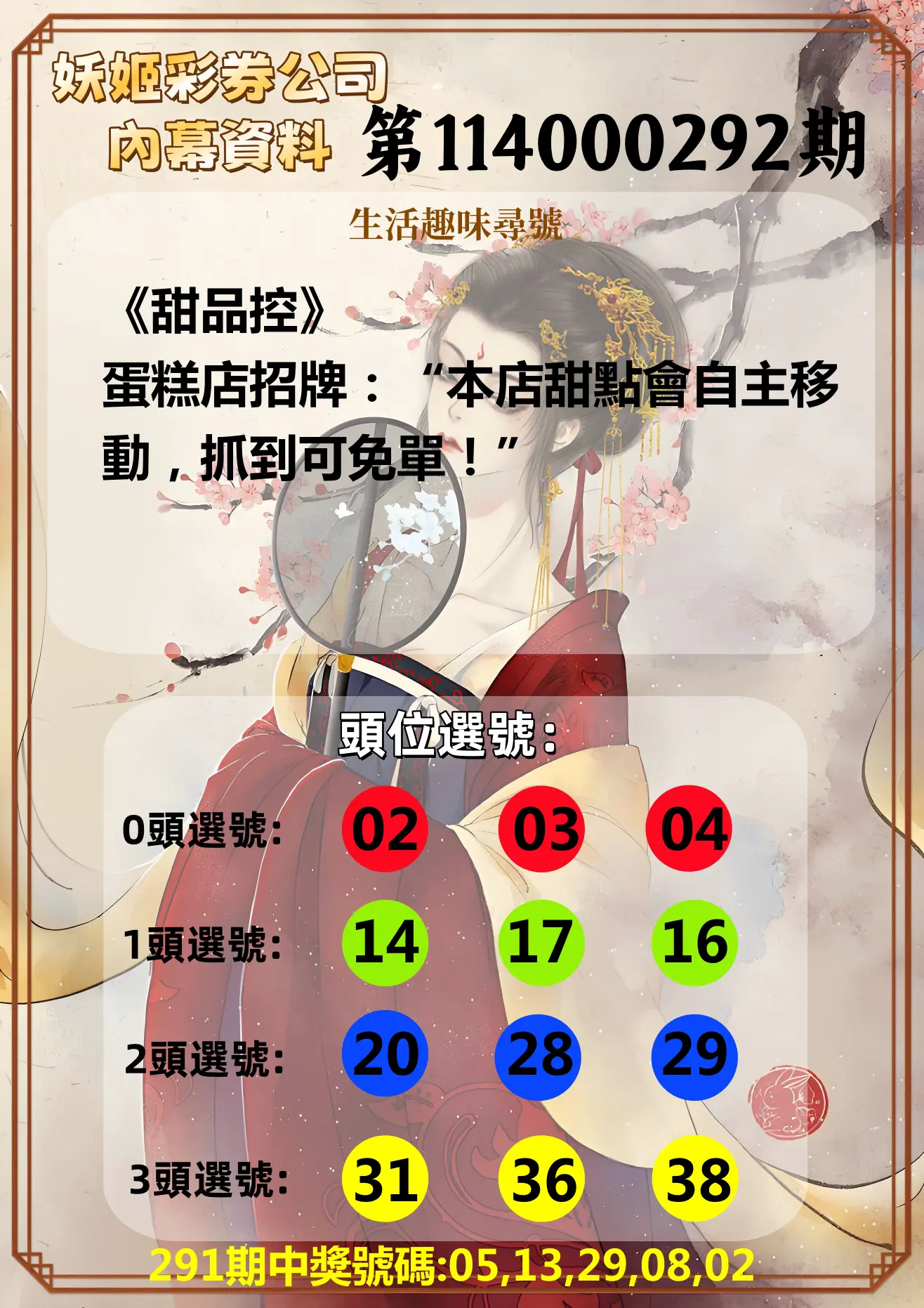 今彩539第114000292期(12/03)妖姬彩券公司內幕資料