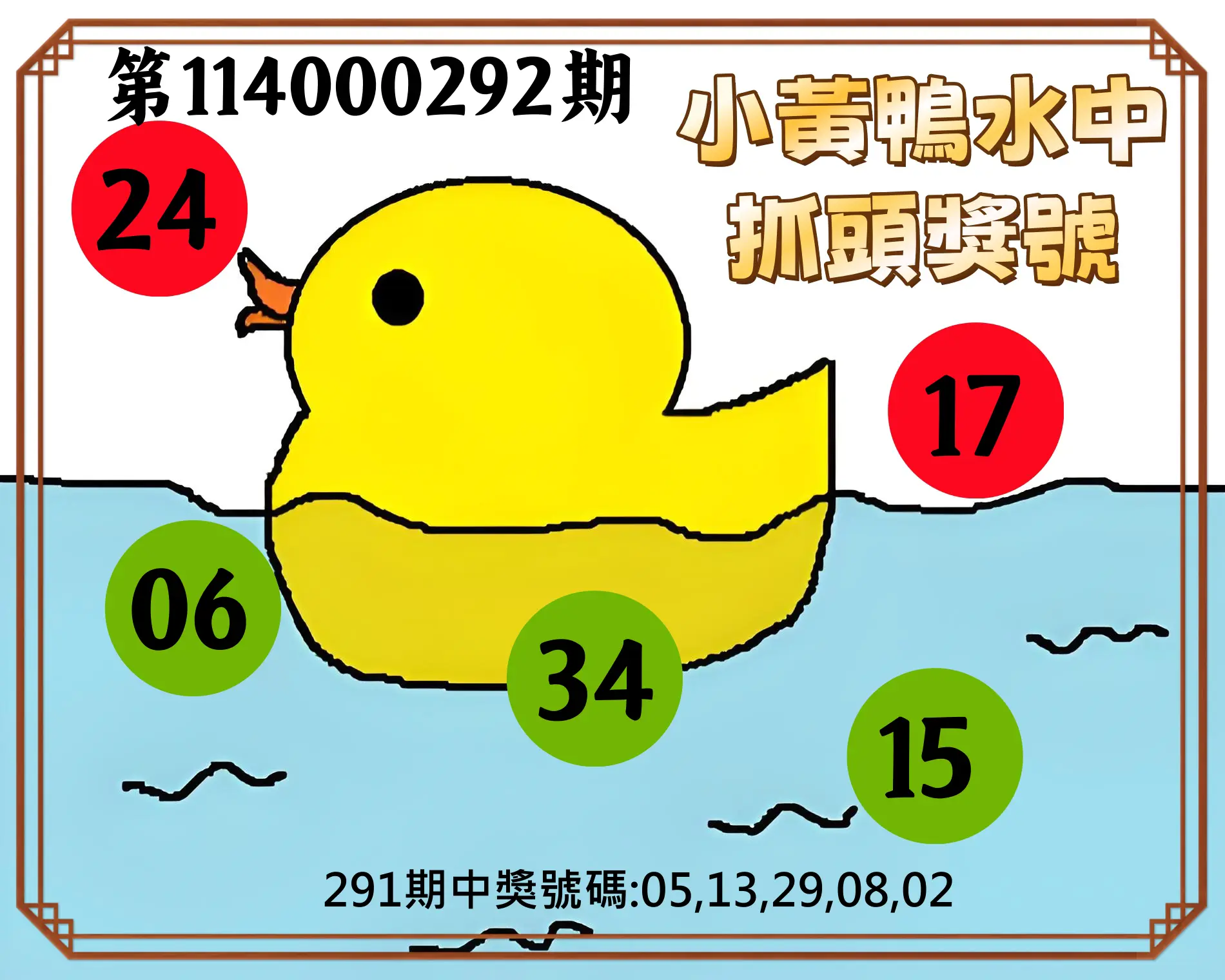 今彩539第114000292期(12/03)小黃鴨水中抓頭獎號