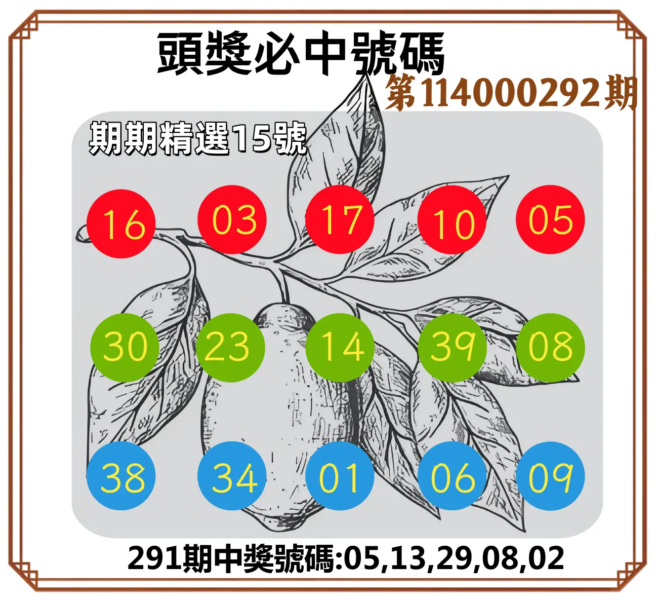 今彩539第114000292期(12/03)頭獎號碼