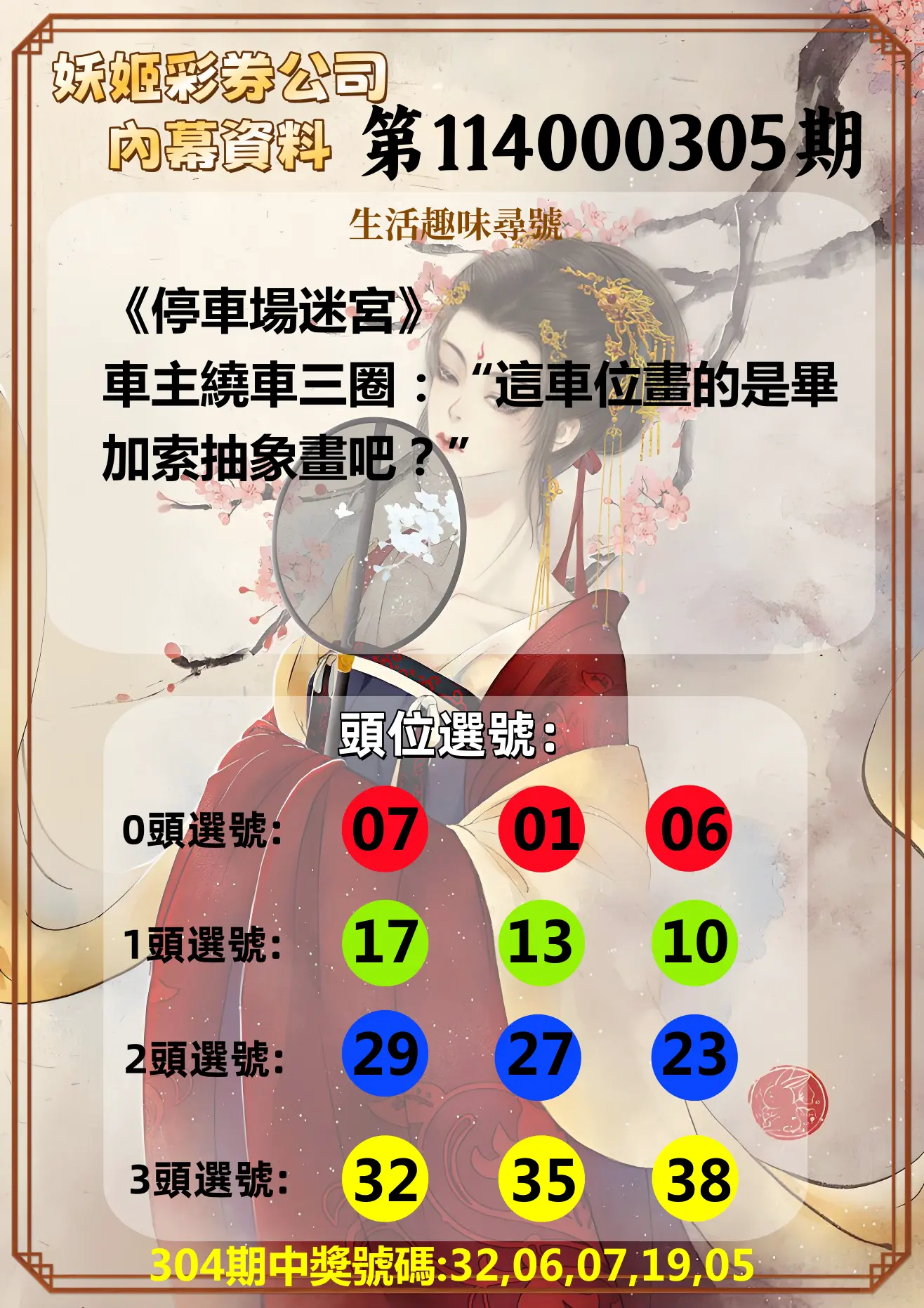 今彩539第114000305期(12/18)妖姬彩券公司內幕資料