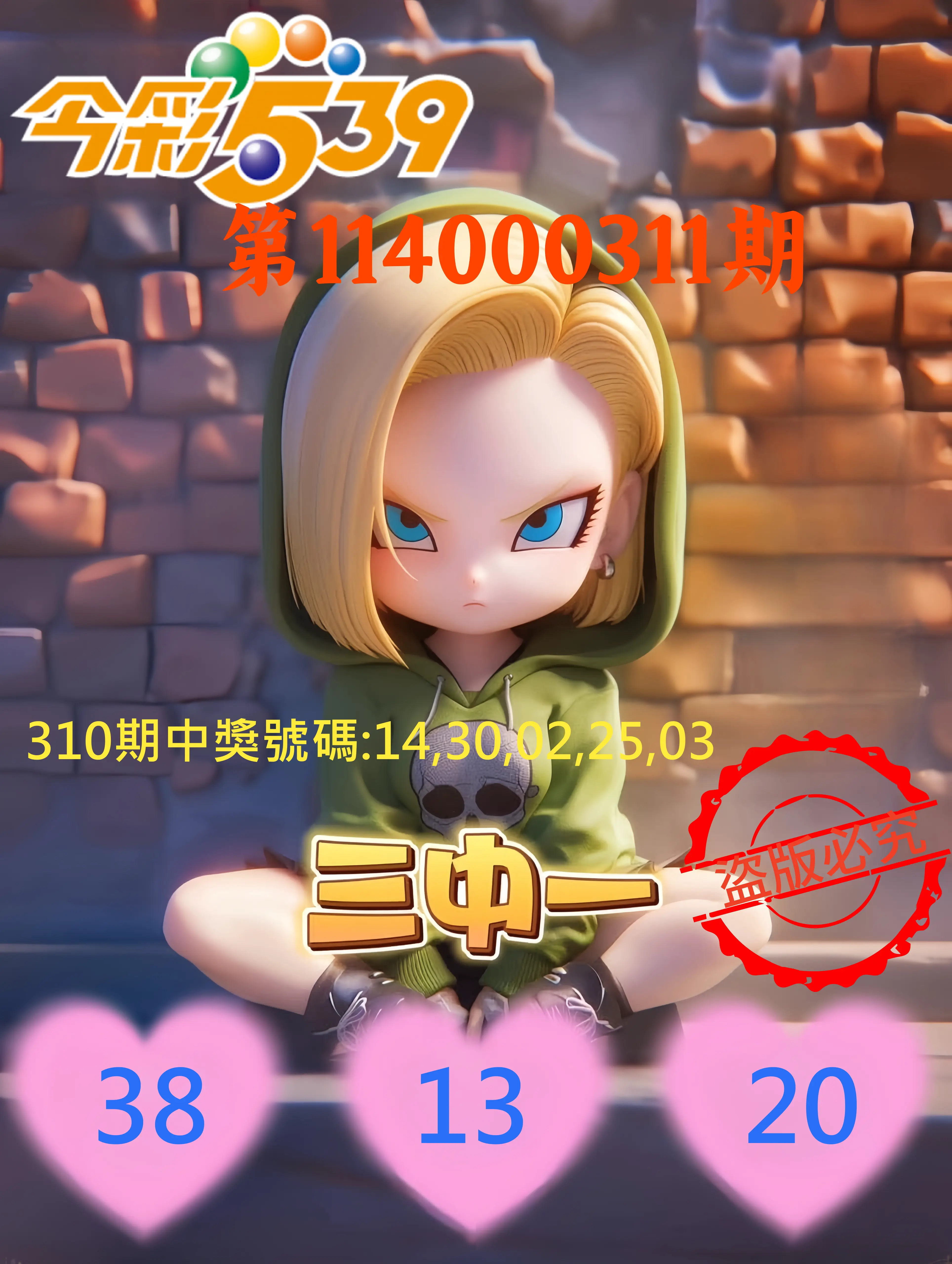 今彩539第114000311期(12/25)今彩539孫恩淑三中壹牌號