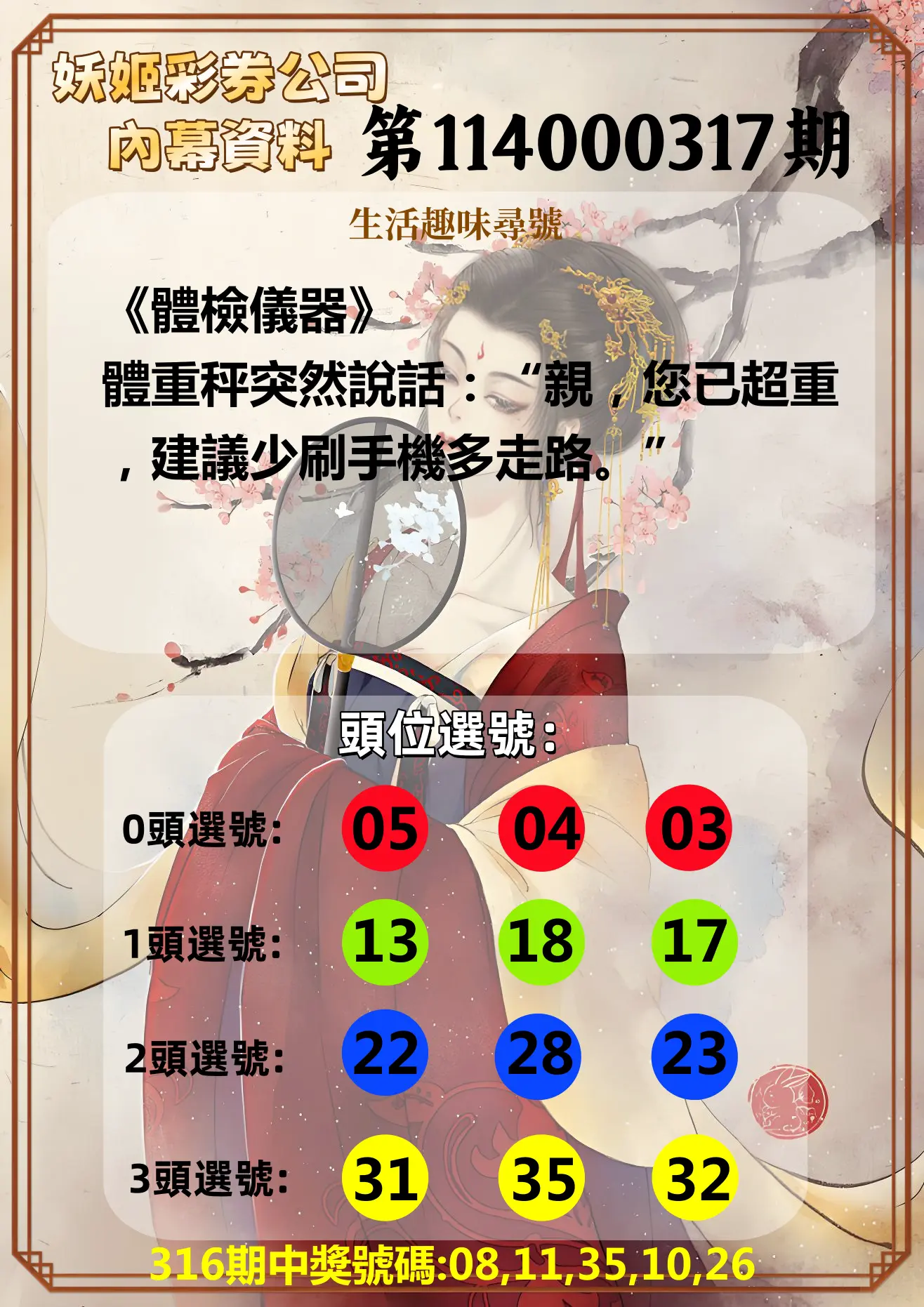 今彩539第114000317期(01/01)妖姬彩券公司內幕資料