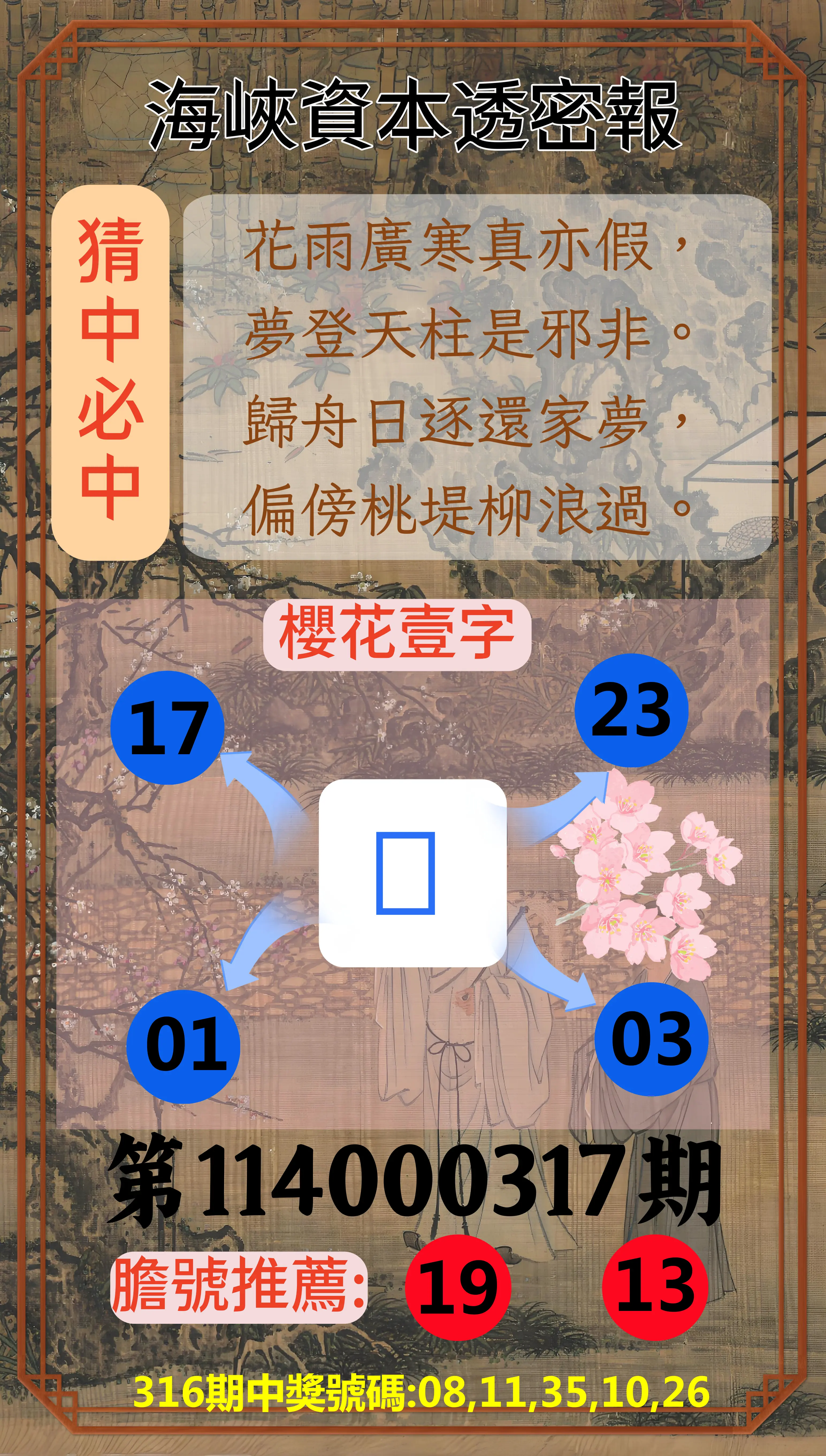 今彩539第114000317期(01/01)海峽資本透密報