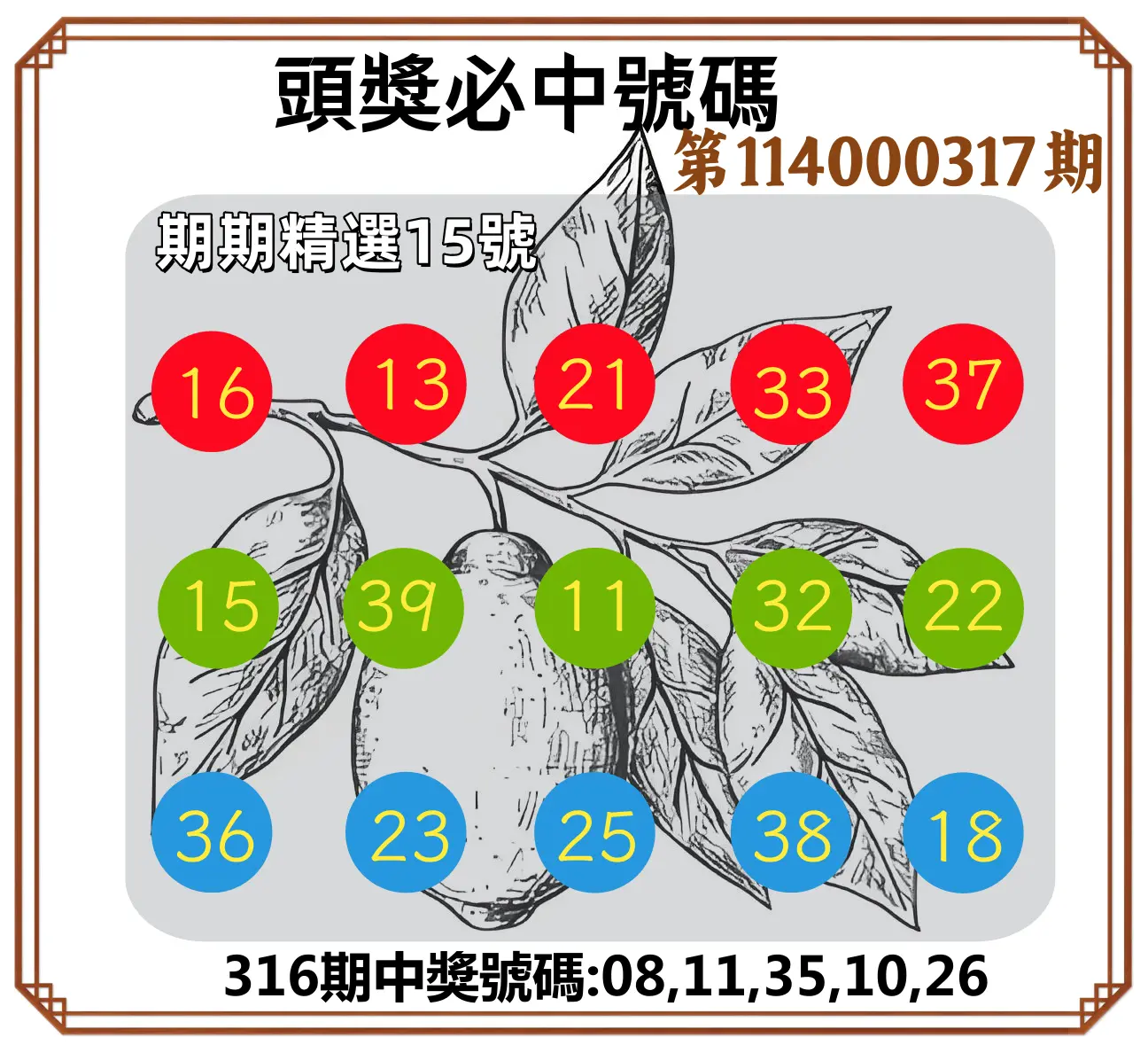 今彩539第114000317期(01/01)頭獎號碼