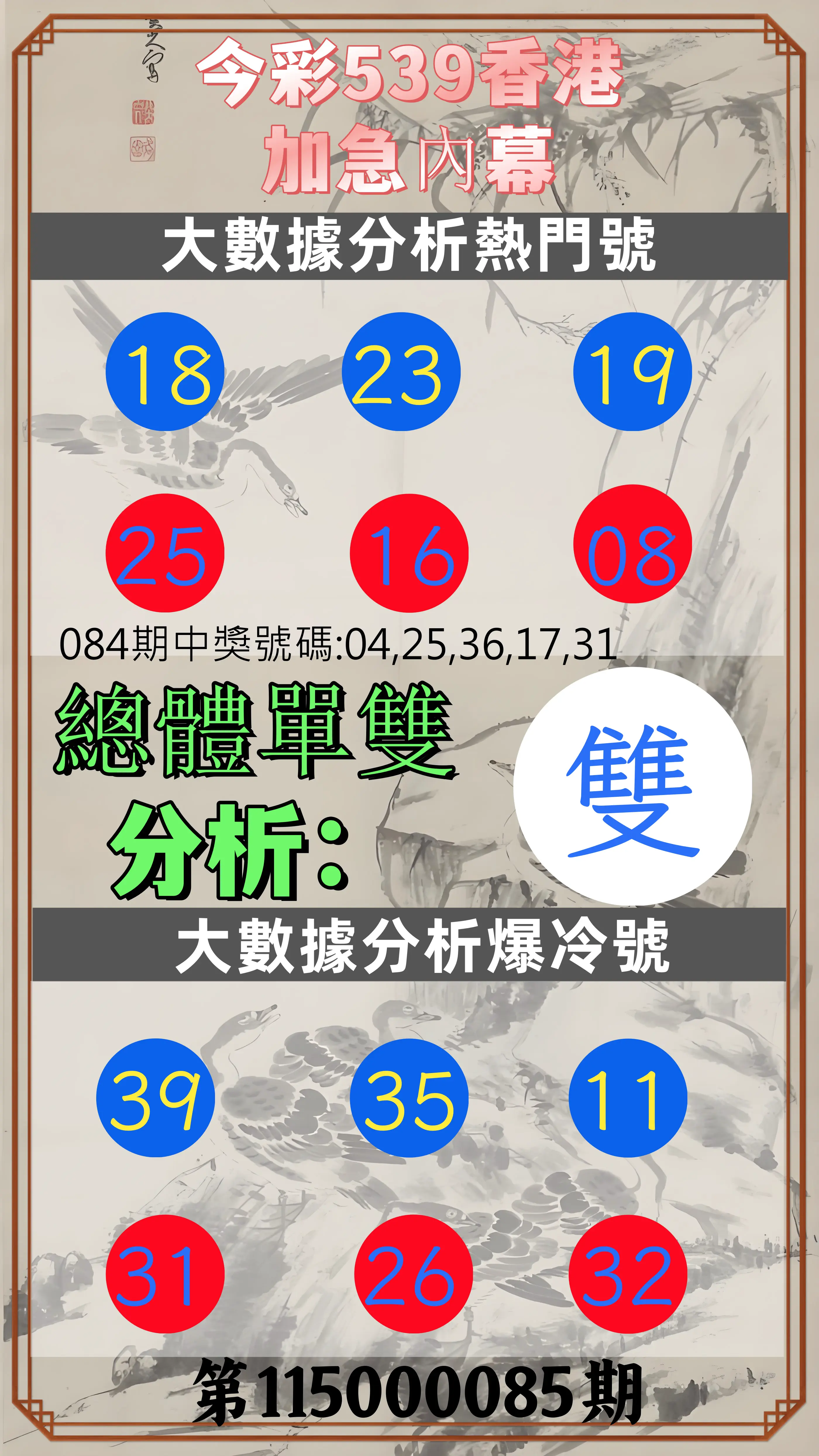 今彩539第115000085期(04/06)今彩539香港加急內幕