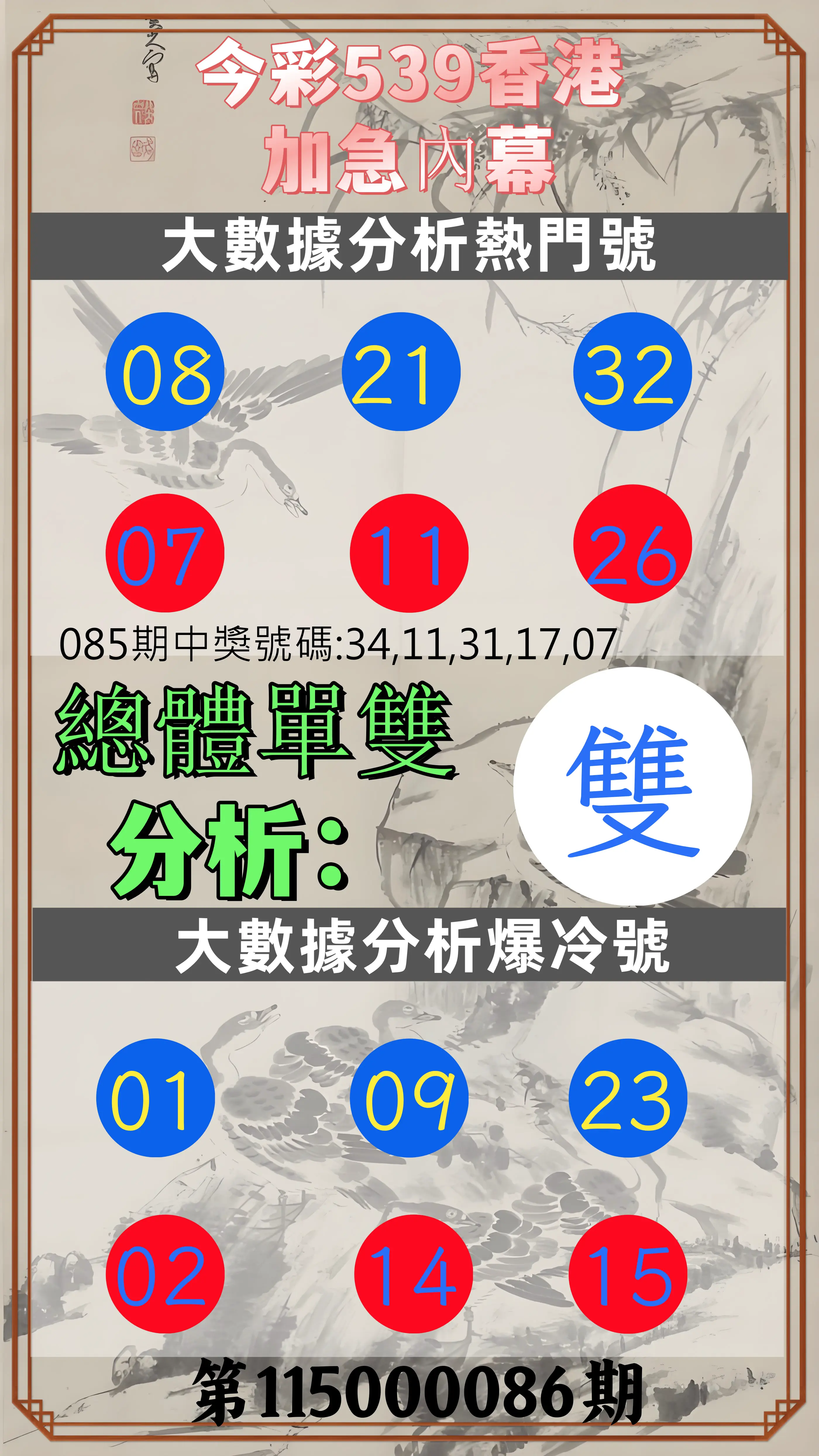 今彩539第115000086期(04/07)今彩539香港加急內幕