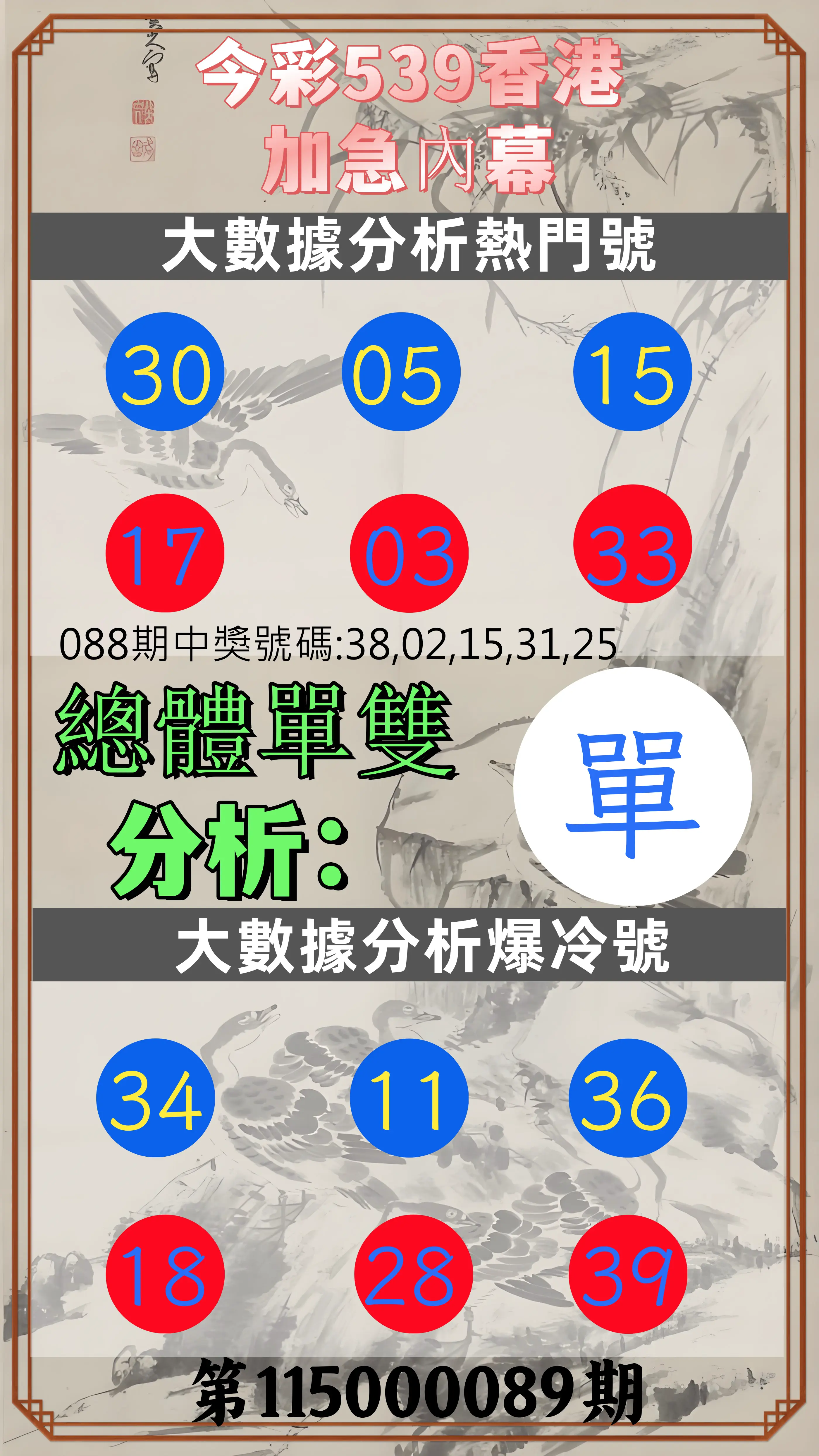 今彩539第115000089期(04/10)今彩539香港加急內幕