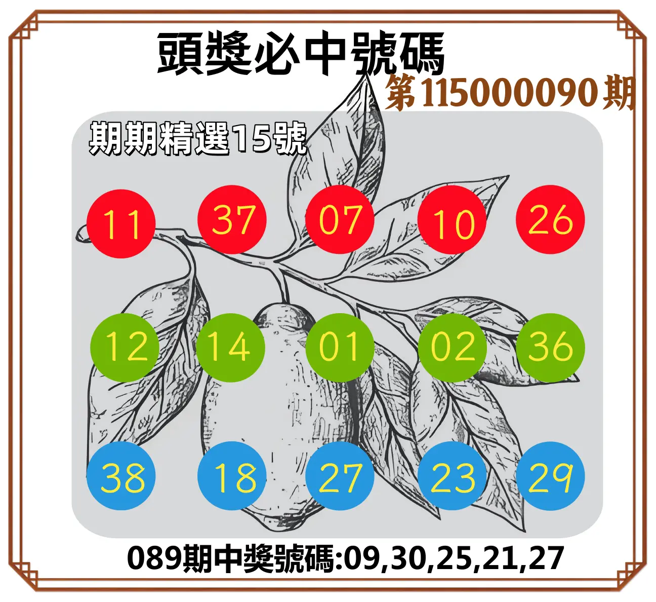 今彩539第115000090期(04/11)頭獎號碼