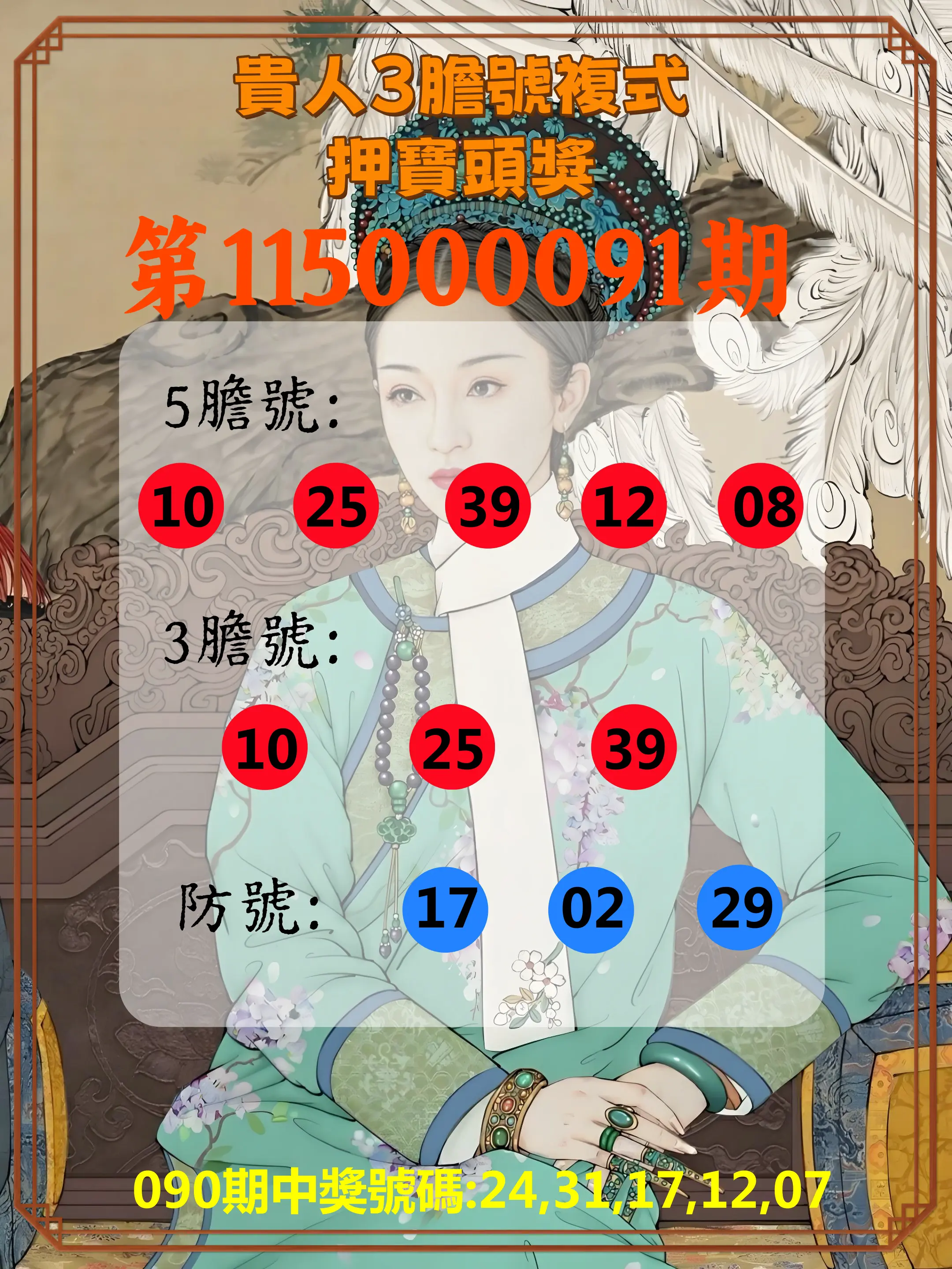 今彩539第115000091期(04/13)貴人3膽號複式押寶頭獎