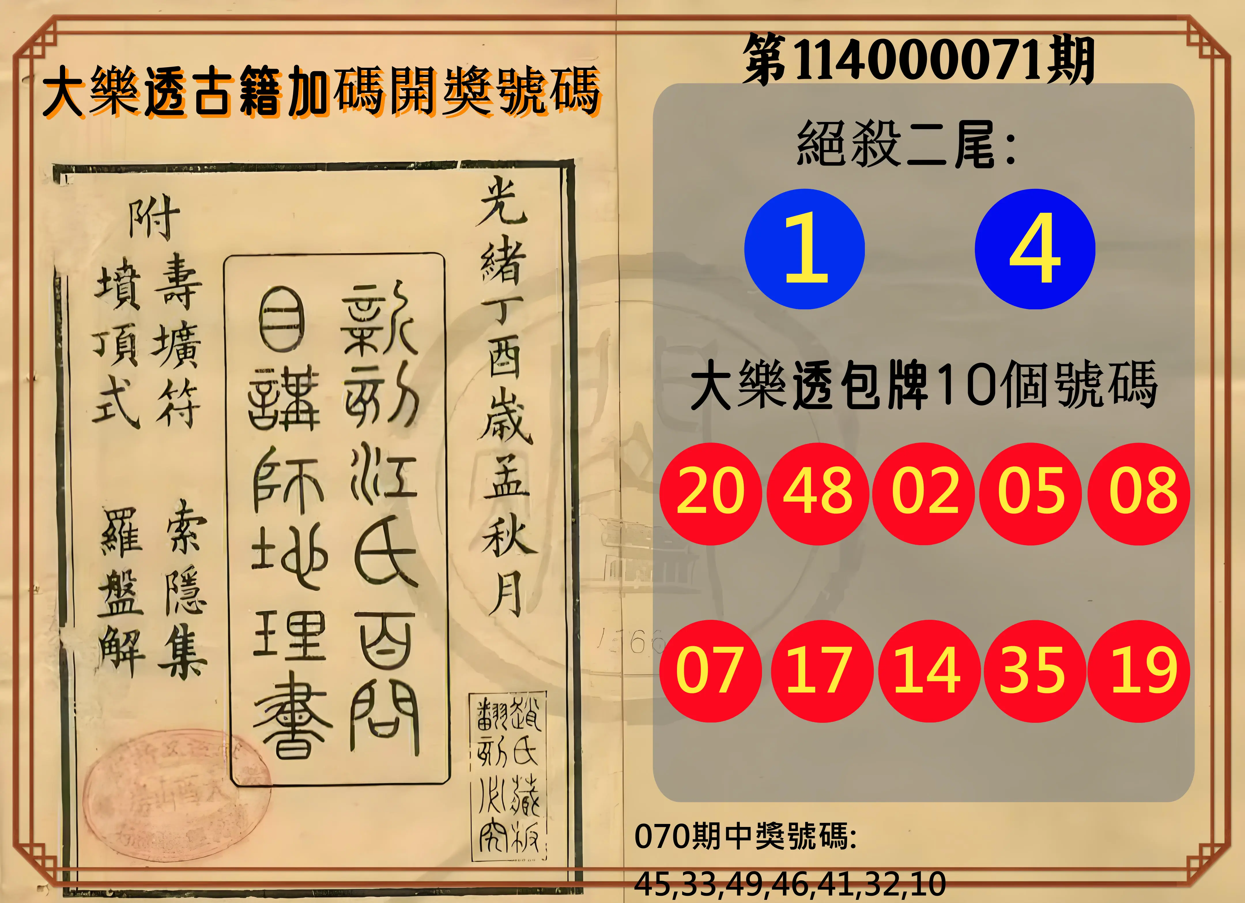 大樂透第114000071期(07/18)大樂透古籍加碼開獎號碼