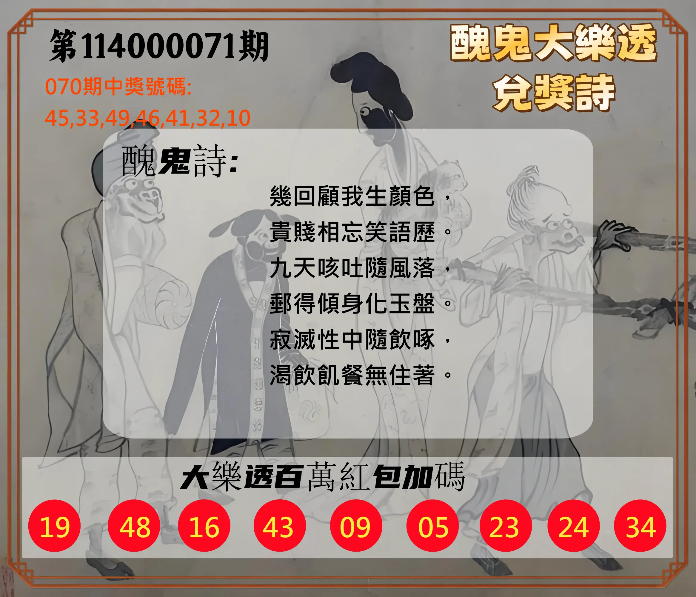 大樂透第114000071期(07/18)醜鬼大樂透兌獎詩