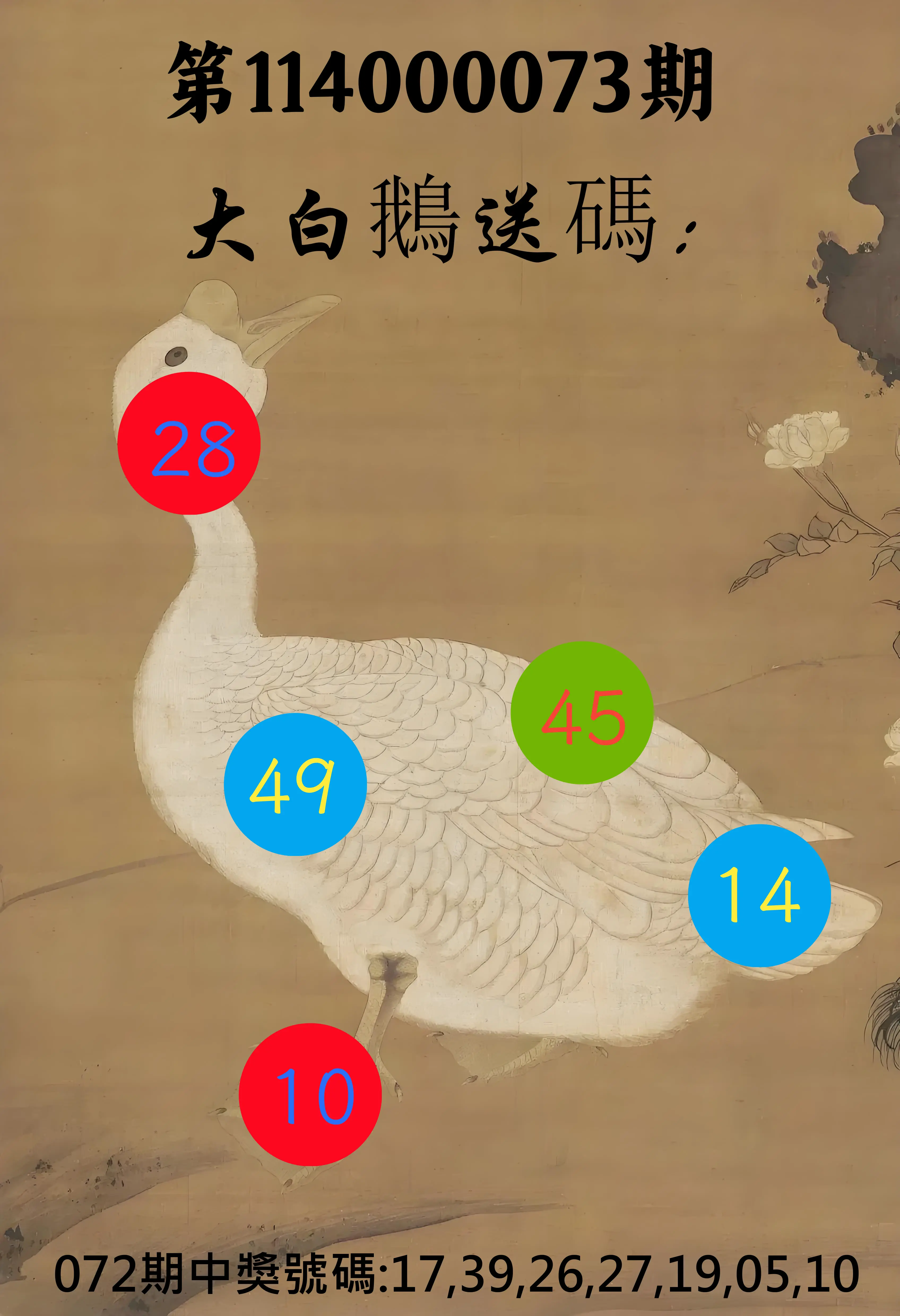 大樂透第114000073期(07/25)大白鵝送碼