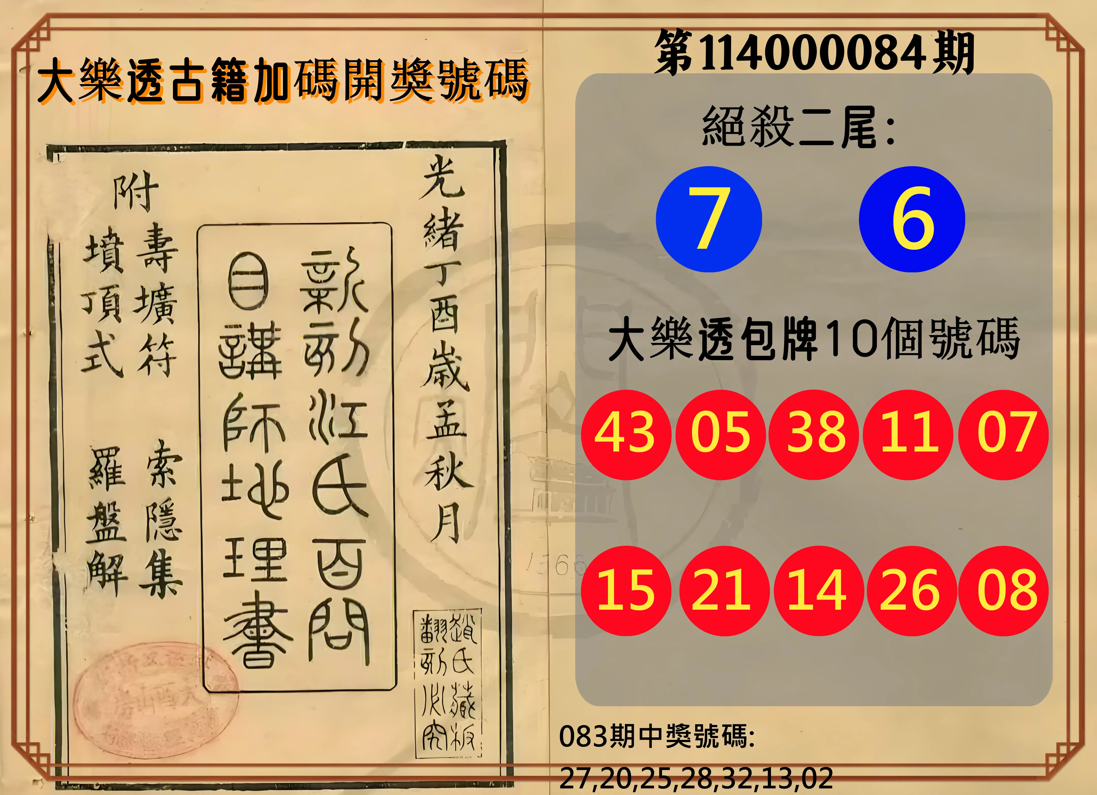 大樂透第114000084期(09/02)大樂透古籍加碼開獎號碼
