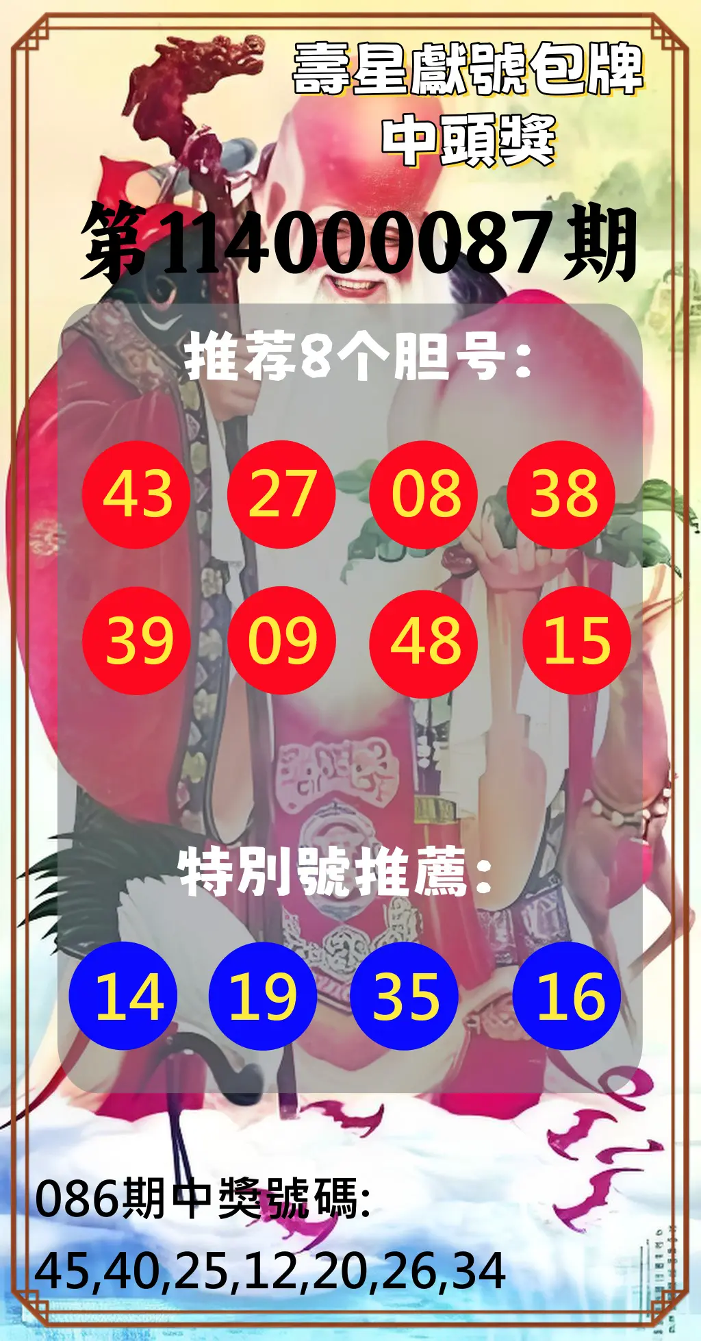 大樂透第114000087期(09/12)壽星獻號包牌中頭獎