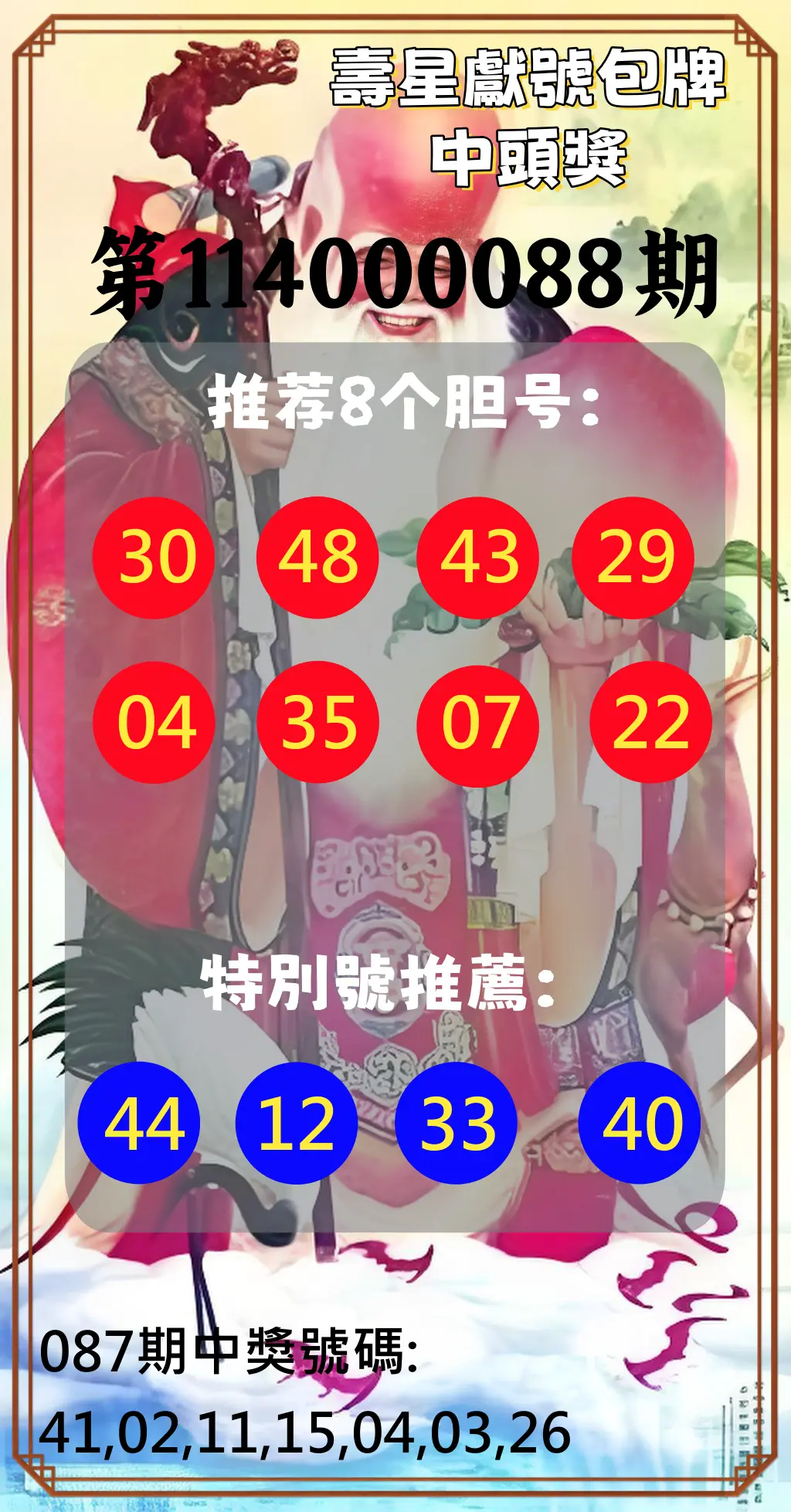 大樂透第114000088期(09/16)壽星獻號包牌中頭獎